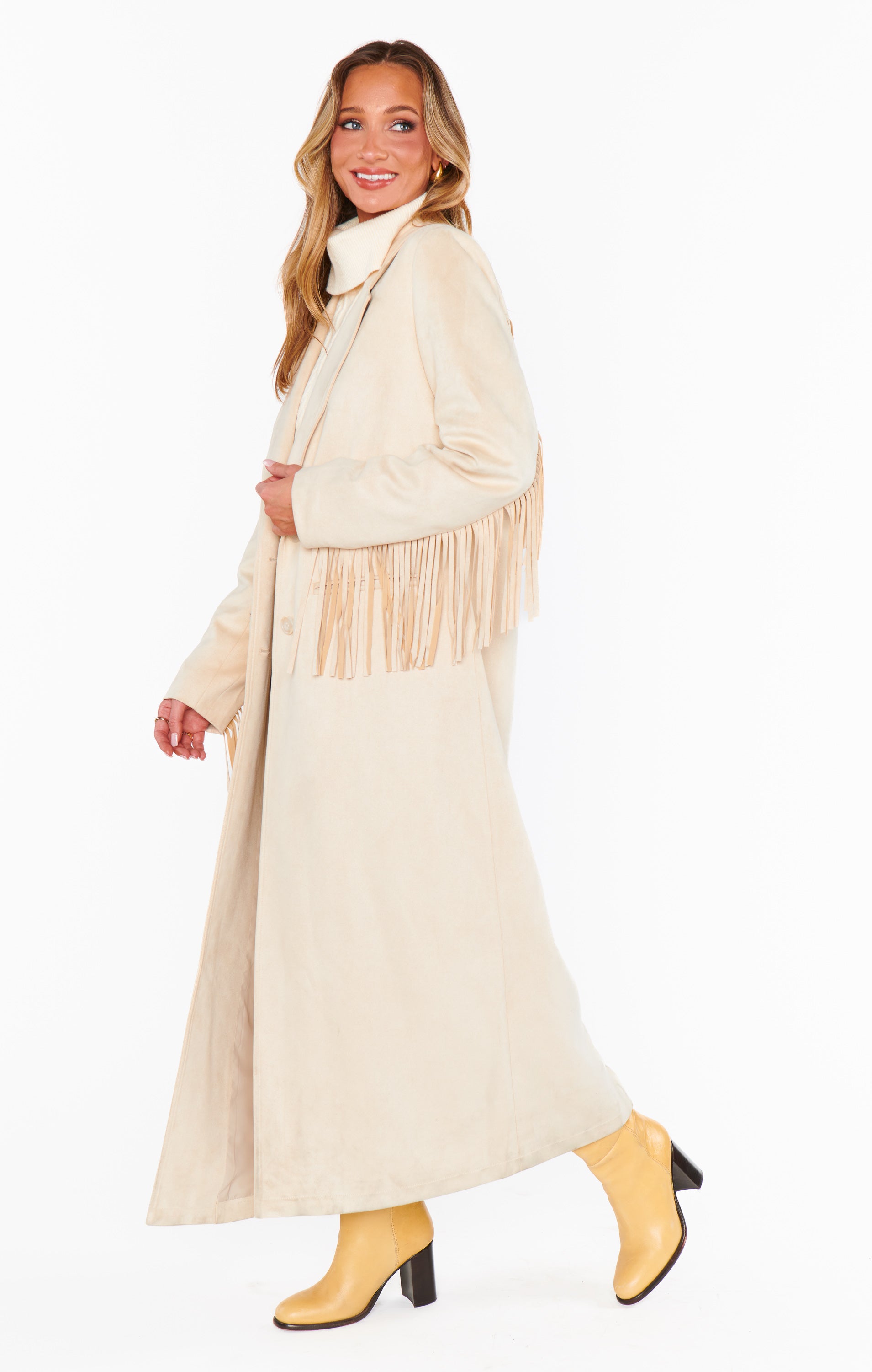 Cream Faux Suede Sierra Fringe Maxi Jacket – Ankle-Length Boho Style