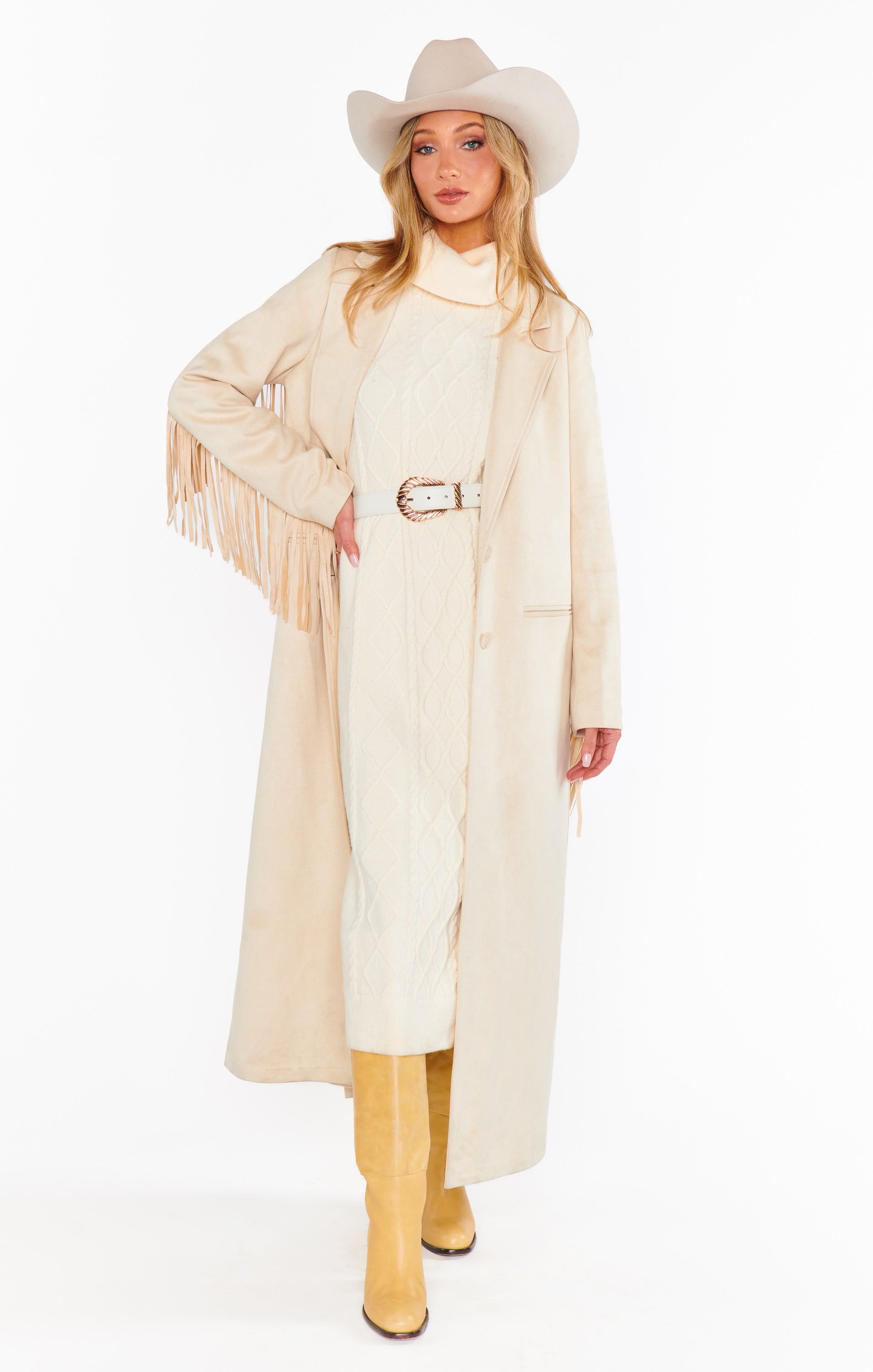 Cream Faux Suede Sierra Fringe Maxi Jacket – Ankle-Length Boho Style