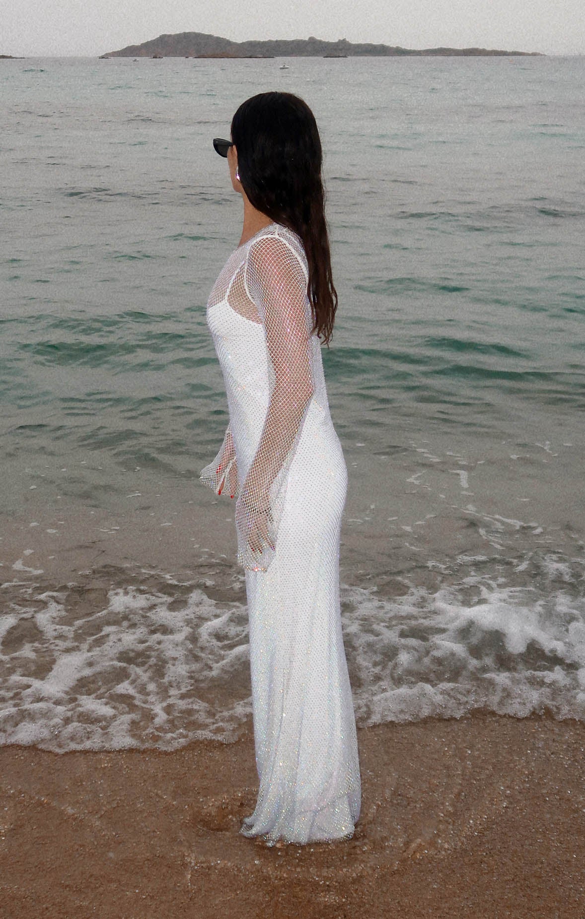 Sparkling White Maxi Dress with Detachable Slip - Glitz Mesh Details