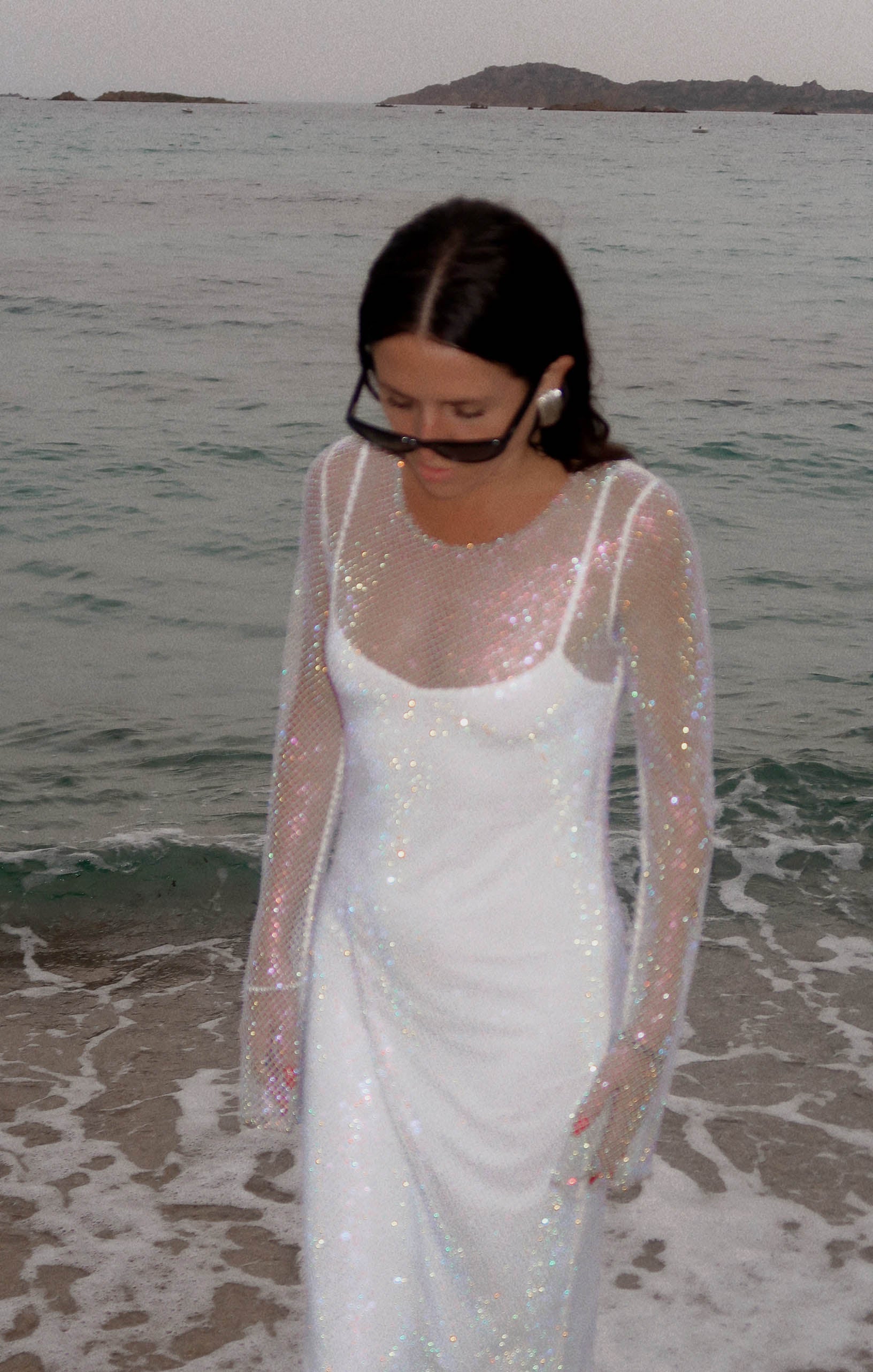 Sparkling White Maxi Dress with Detachable Slip - Glitz Mesh Details