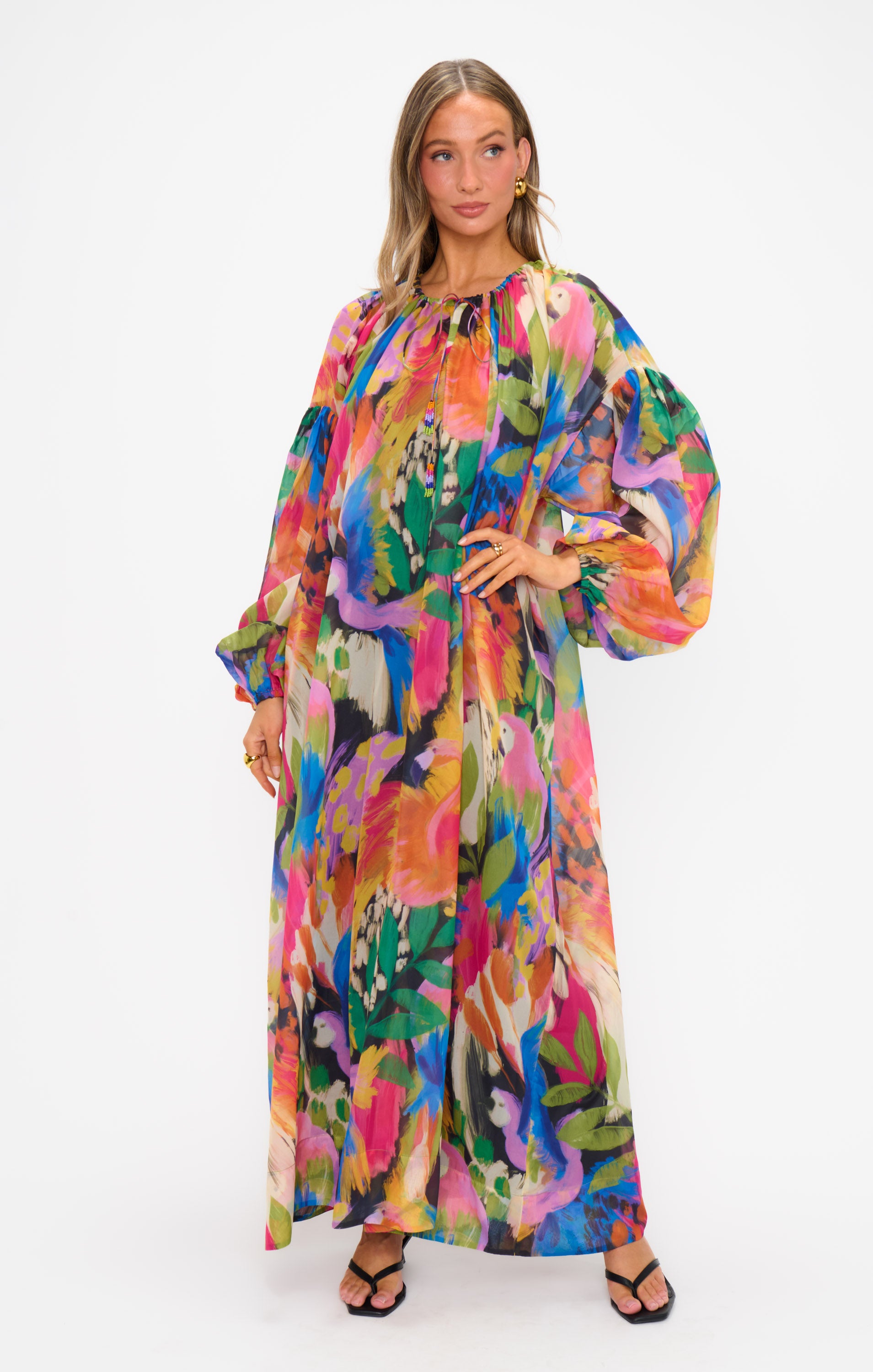 Karla Maxi Dress with Poof Sleeves & Beaded Fringe - Tropical Print