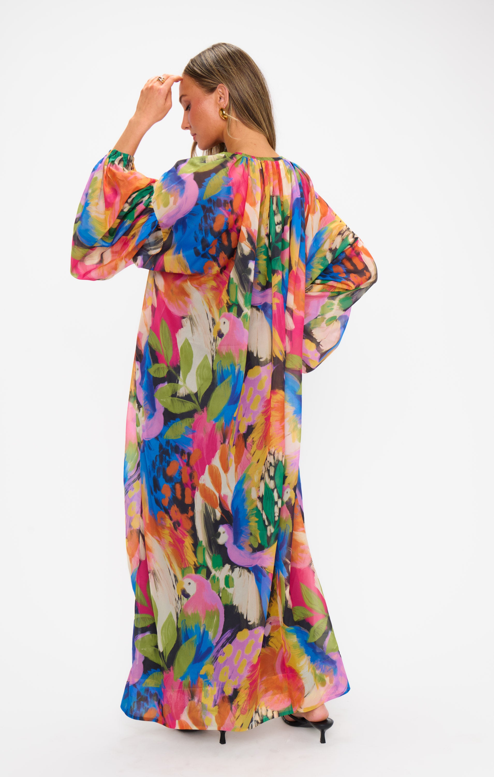 Karla Maxi Dress with Poof Sleeves & Beaded Fringe - Tropical Print