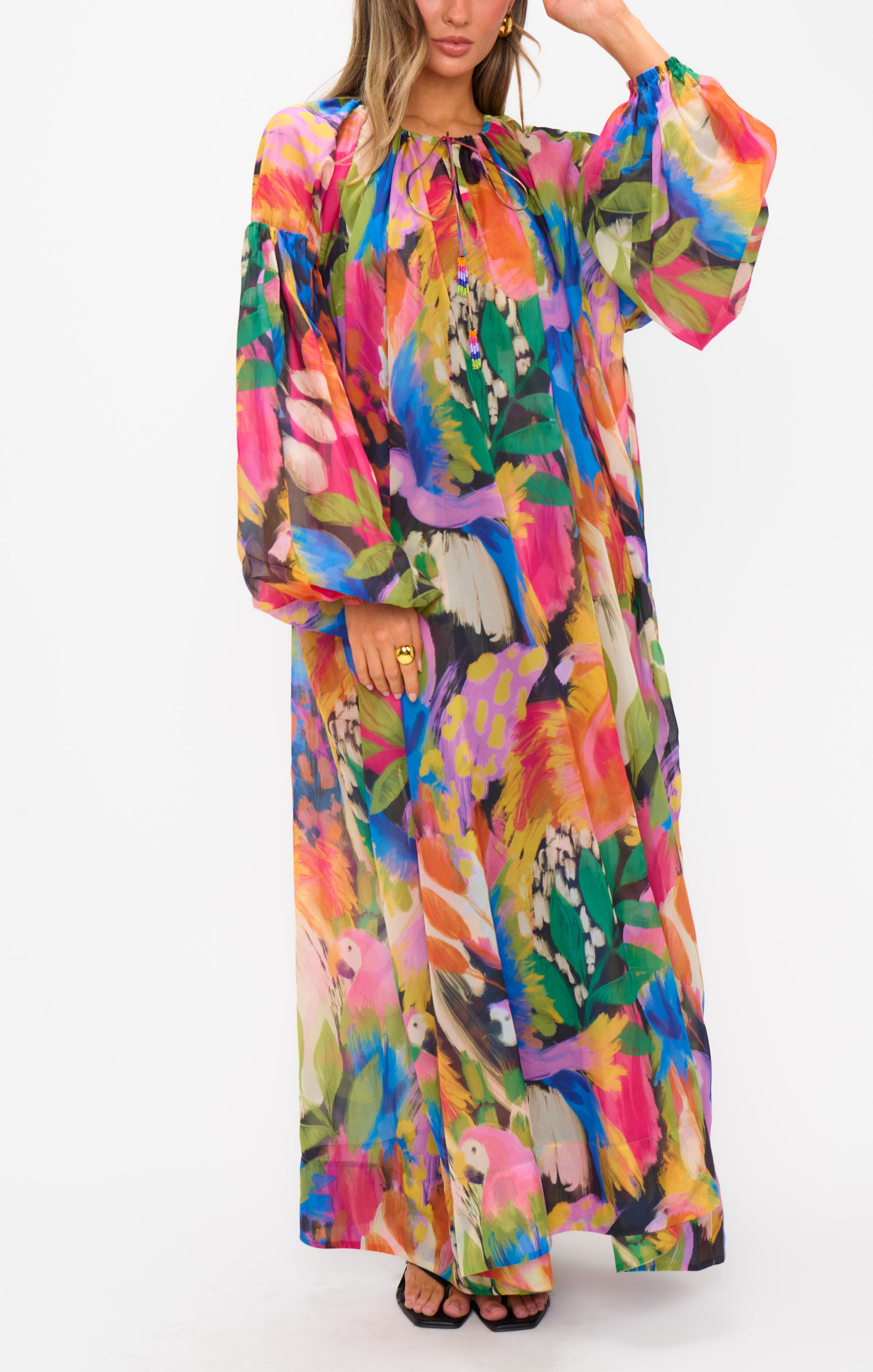 Karla Maxi Dress with Poof Sleeves & Beaded Fringe - Tropical Print