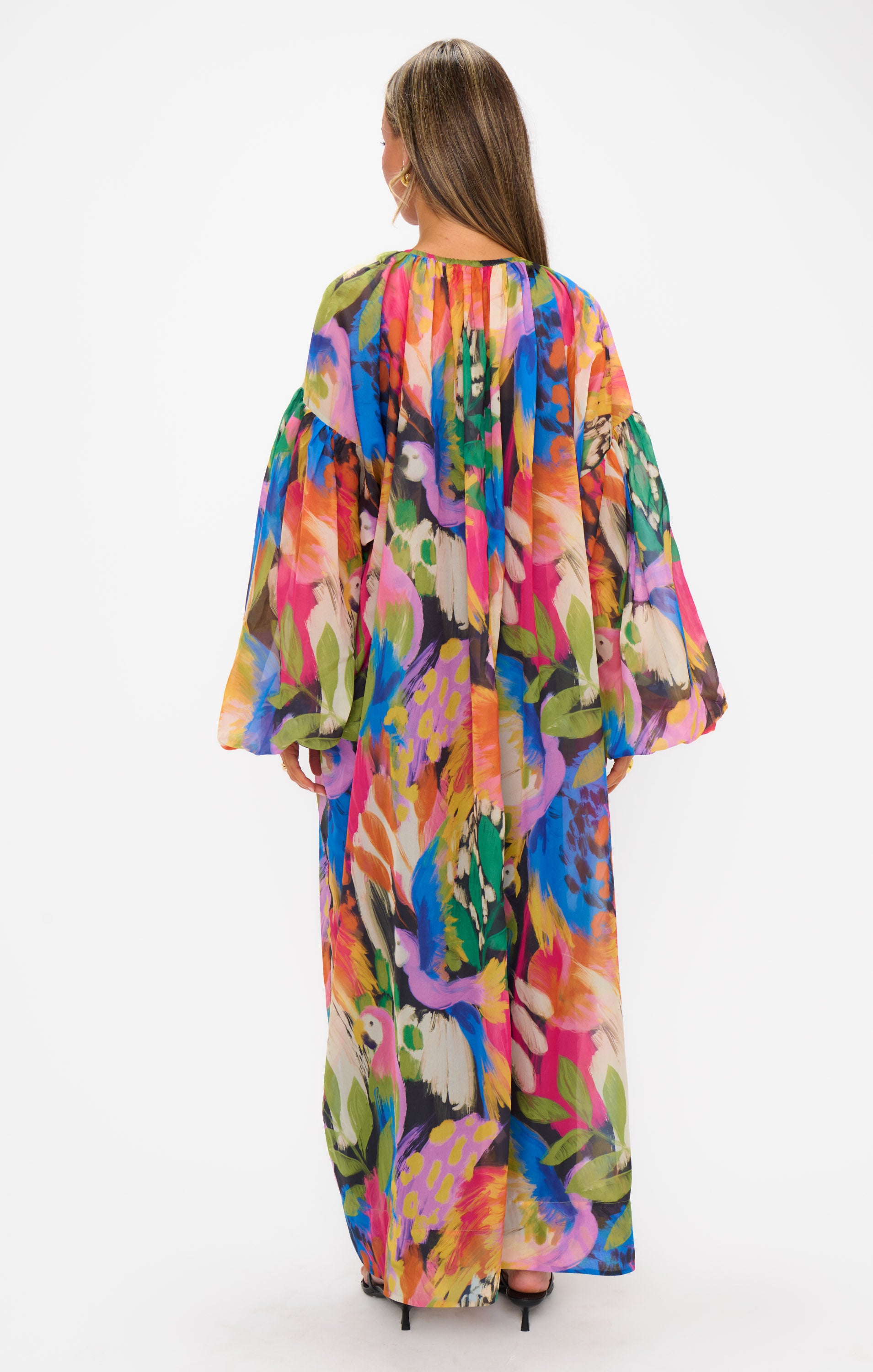 Karla Maxi Dress with Poof Sleeves & Beaded Fringe - Tropical Print