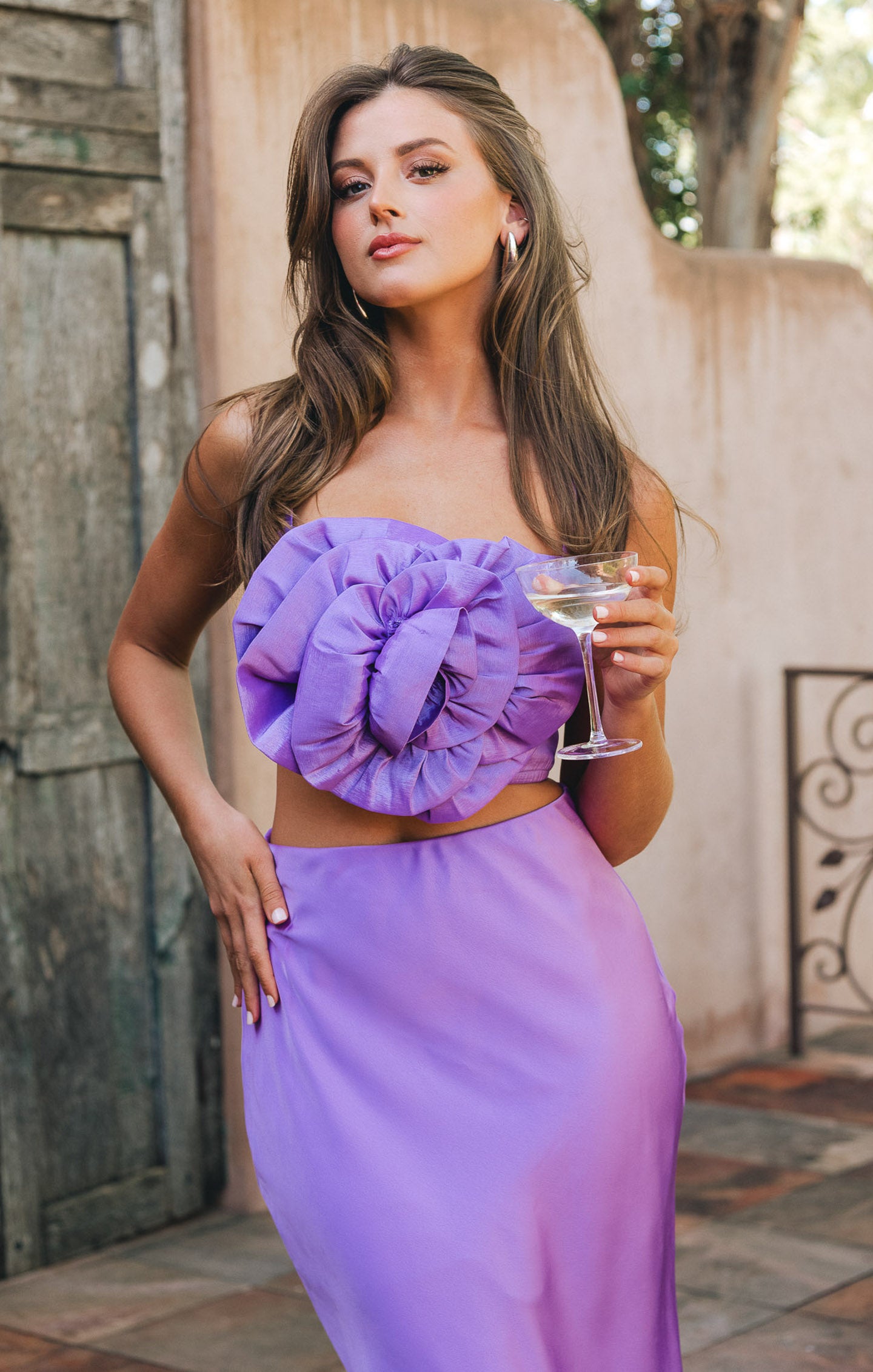 Violet Taffeta Rose Top with Adjustable Straps & Elastic Waist