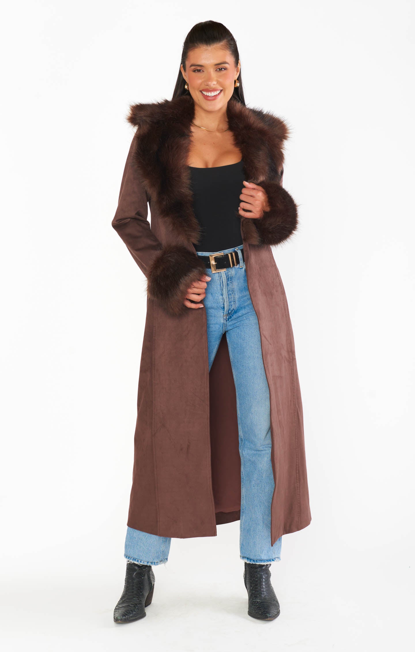 Penny Lane Cocoa Faux Suede Long Coat with Faux Fur Collar
