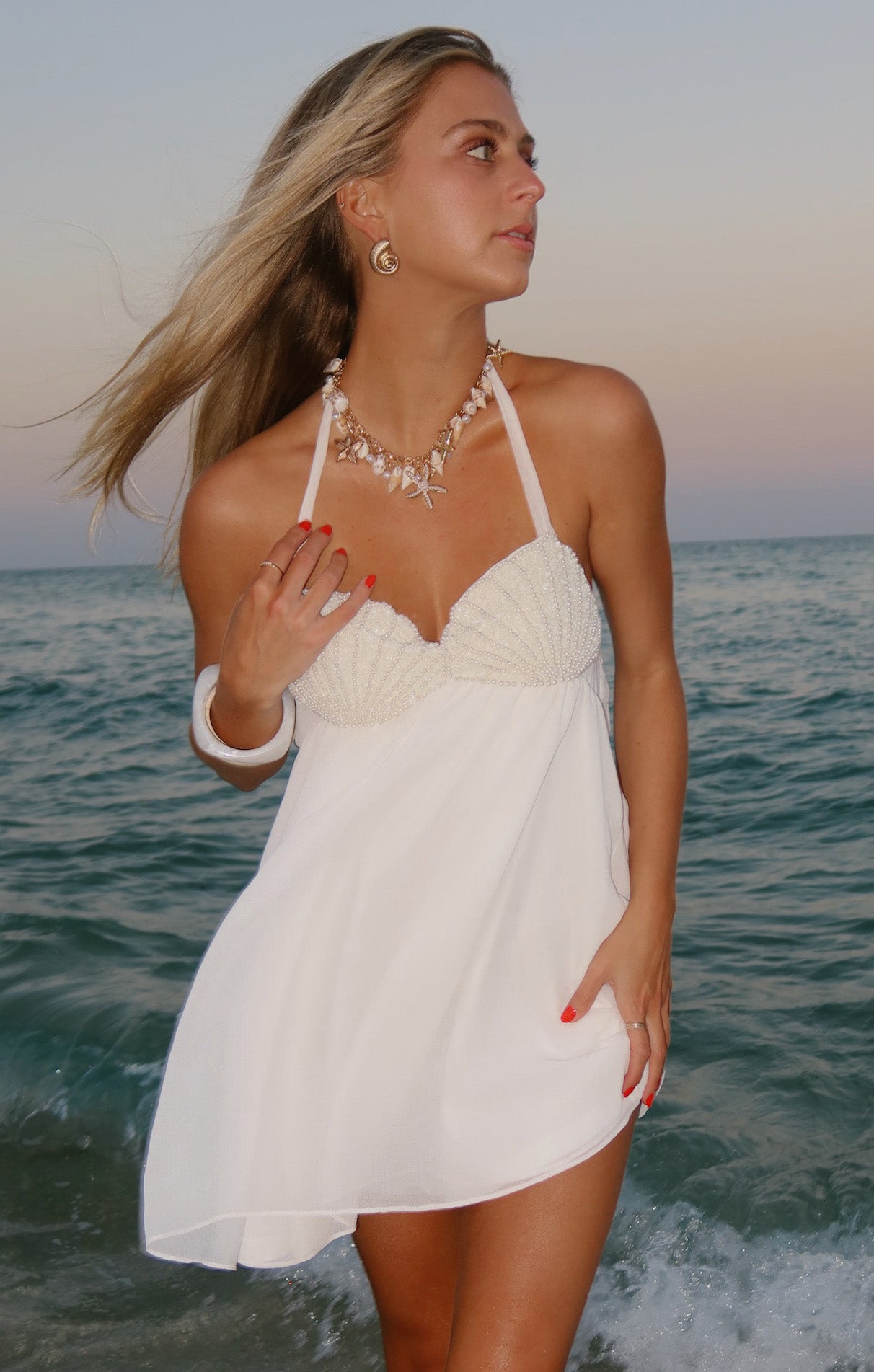 White Chiffon Valentina Mini Dress with Embellishment