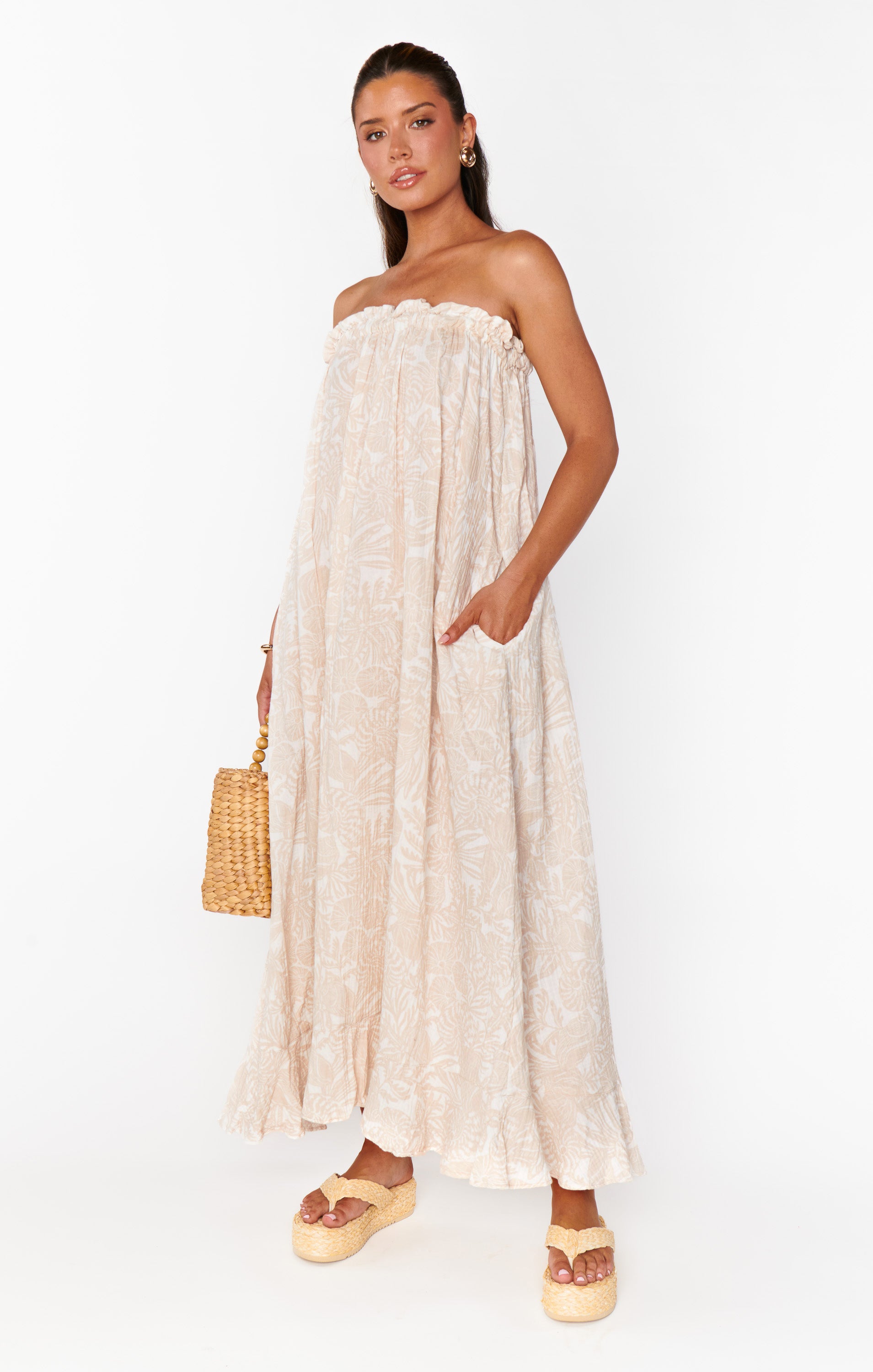 Bohemian Maxi Dress with Smocked Top - Flowy Sand Shells Gauze