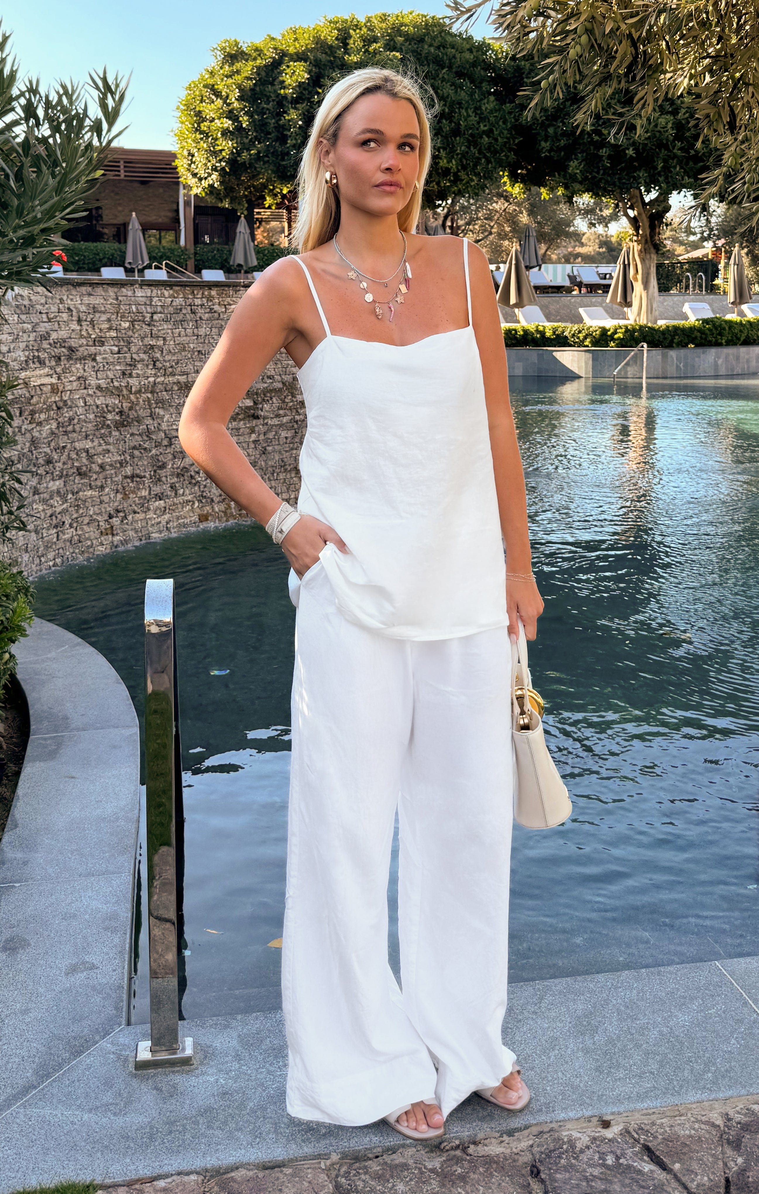 Hayes White Linen Wide Leg Pants with Elastic Waist