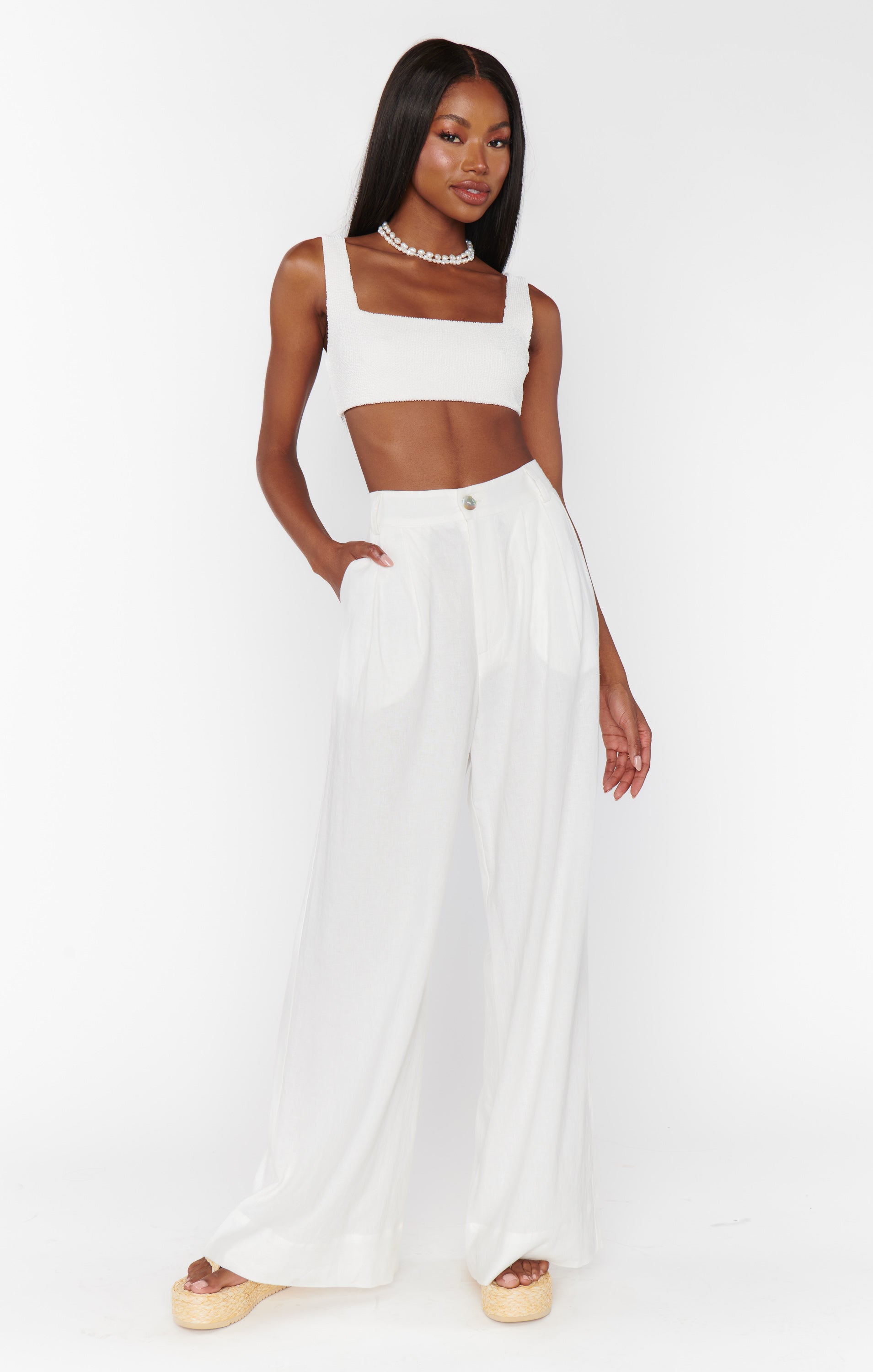Hayes White Linen Wide Leg Pants with Elastic Waist