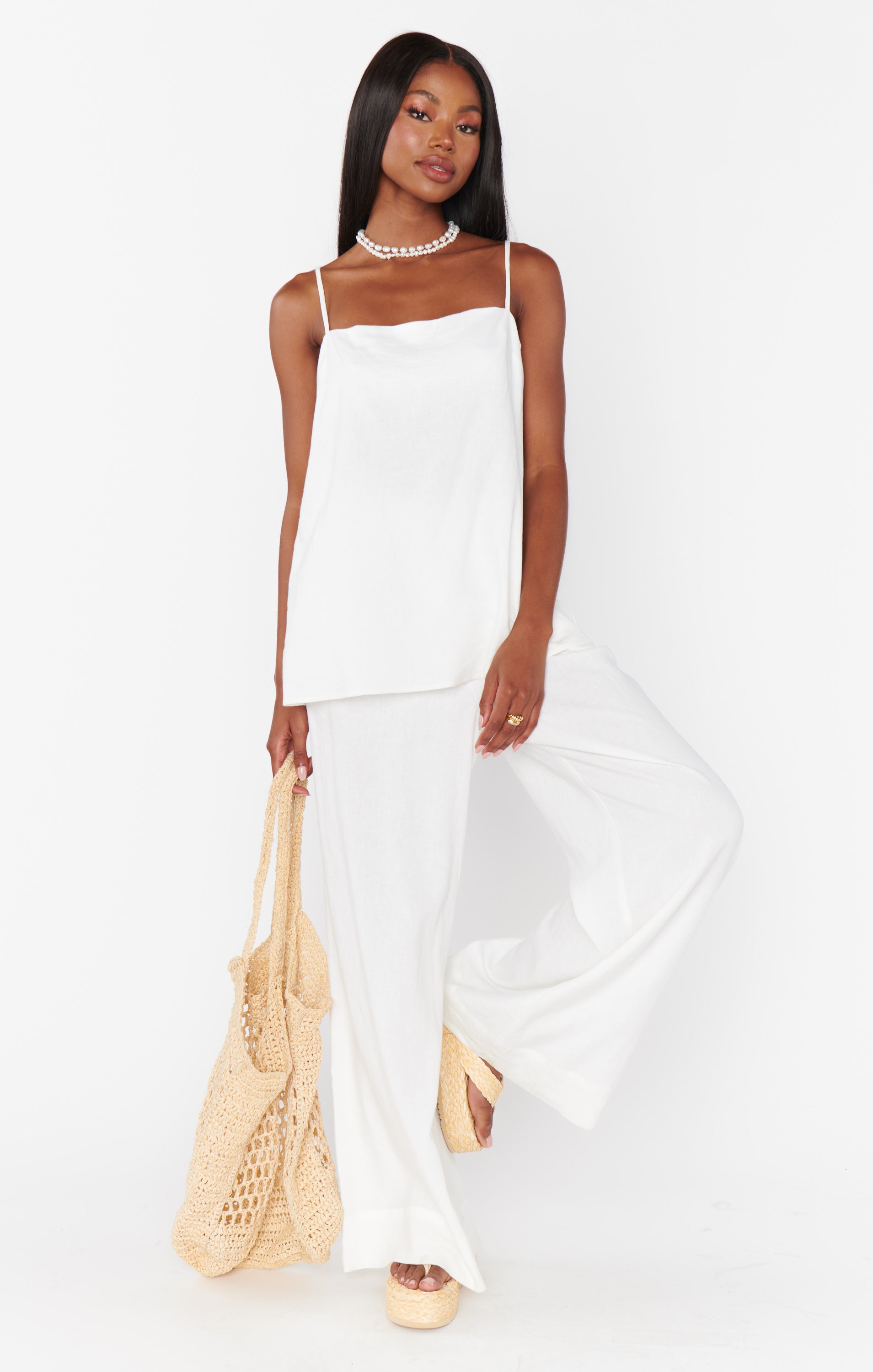 Hayes White Linen Wide Leg Pants with Elastic Waist