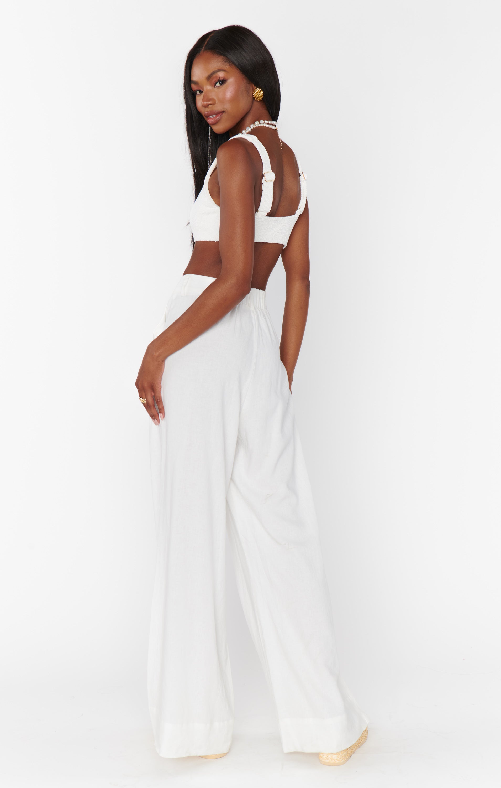 Hayes White Linen Wide Leg Pants with Elastic Waist