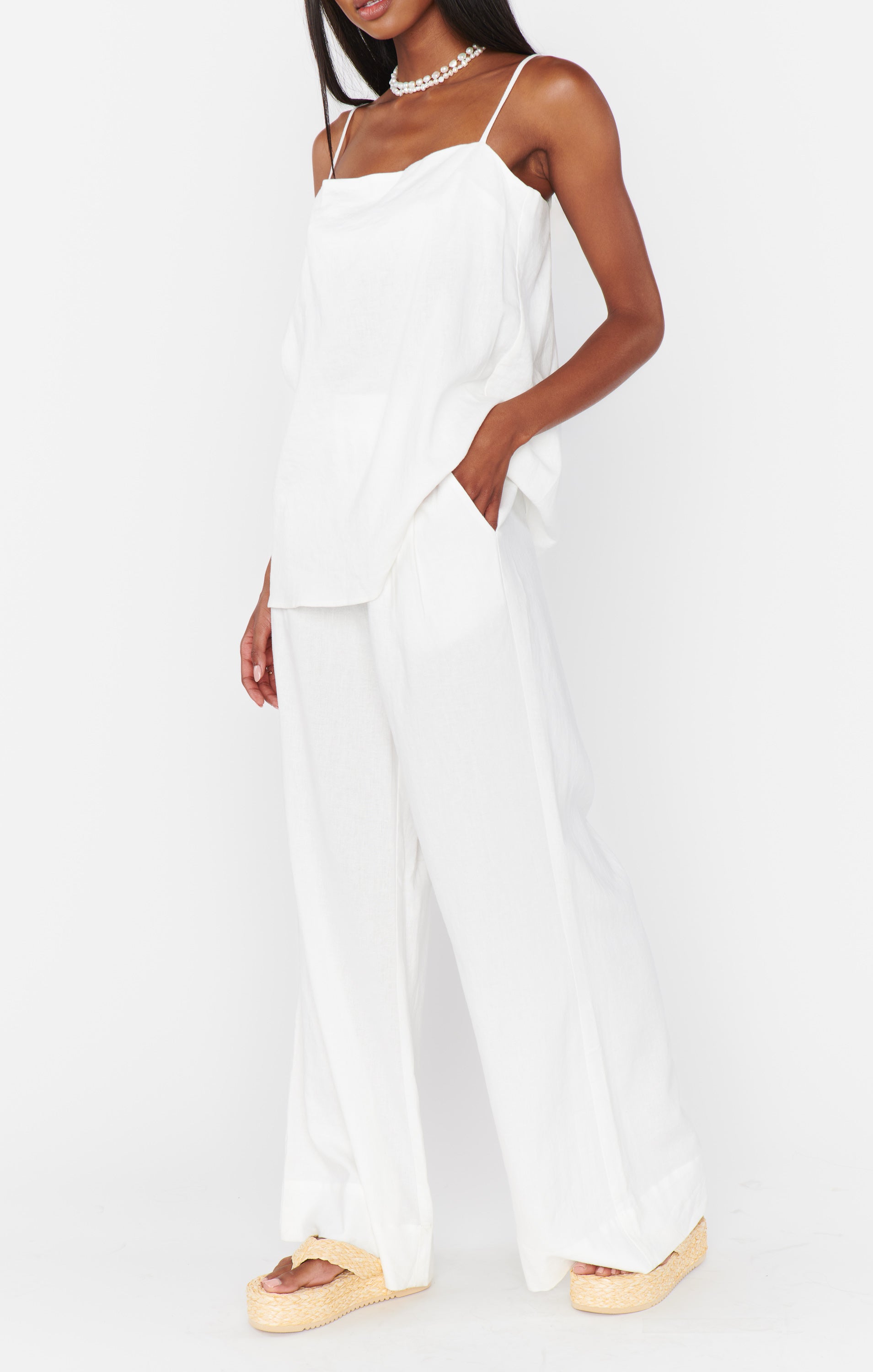 Hayes White Linen Wide Leg Pants with Elastic Waist