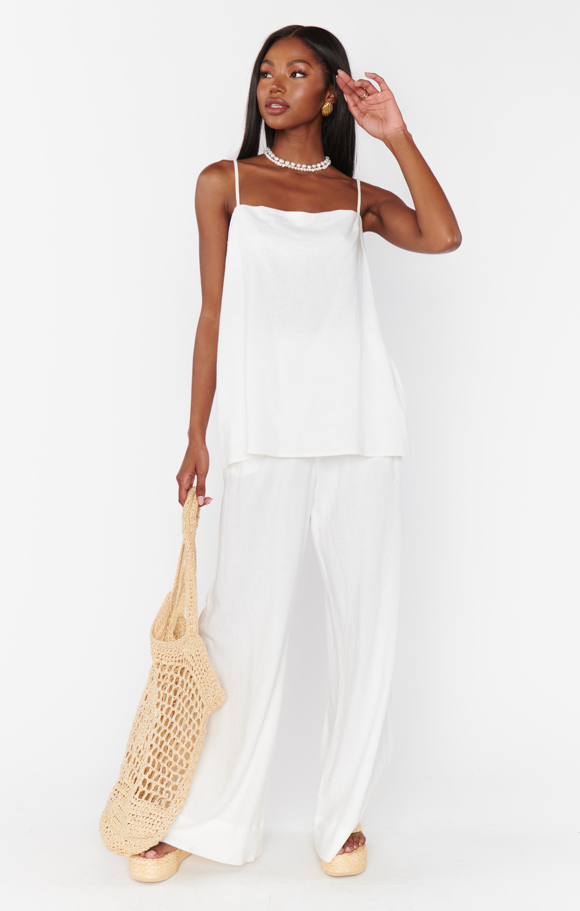 Hayes White Linen Wide Leg Pants with Elastic Waist