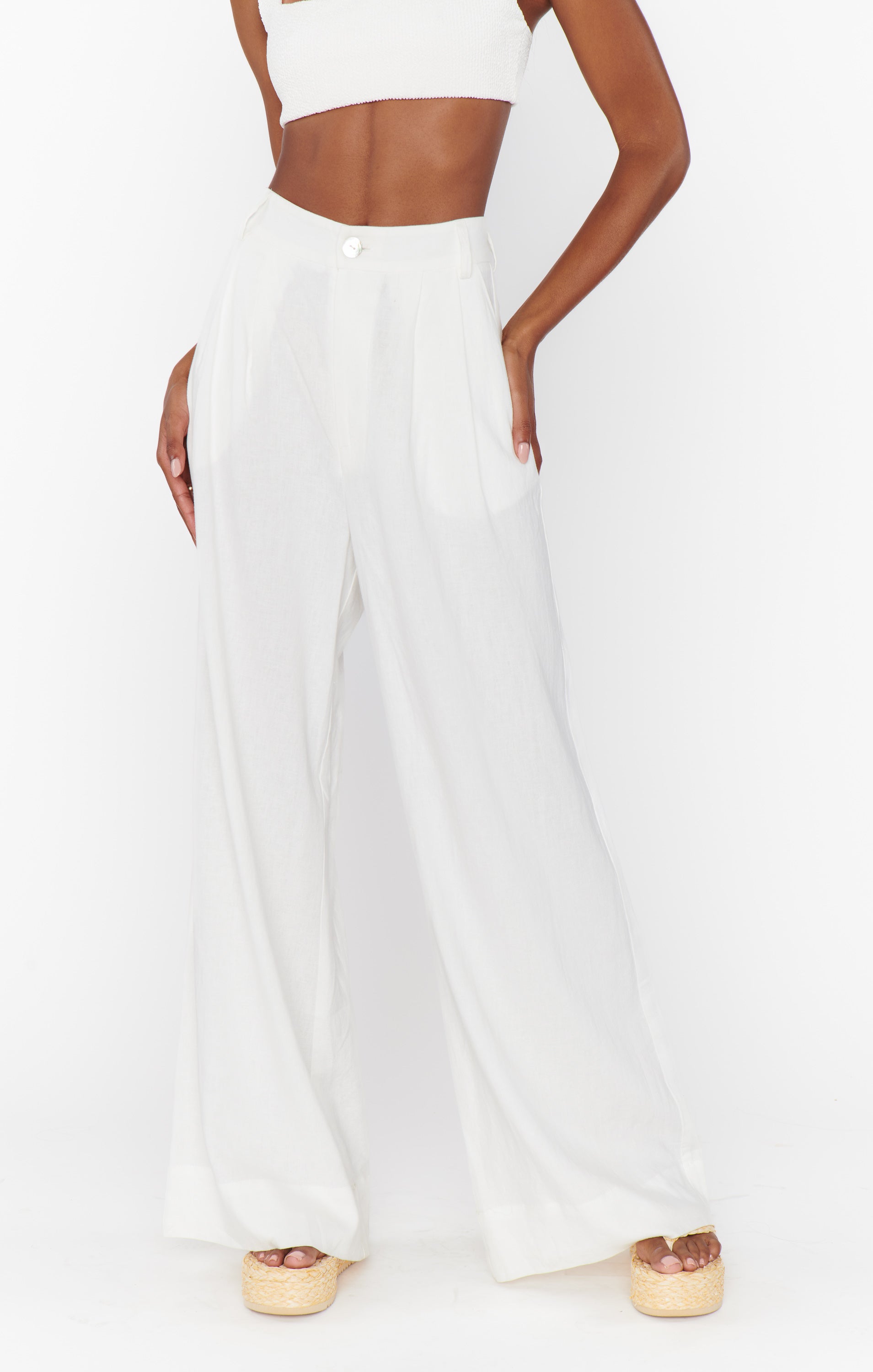 Hayes White Linen Wide Leg Pants with Elastic Waist