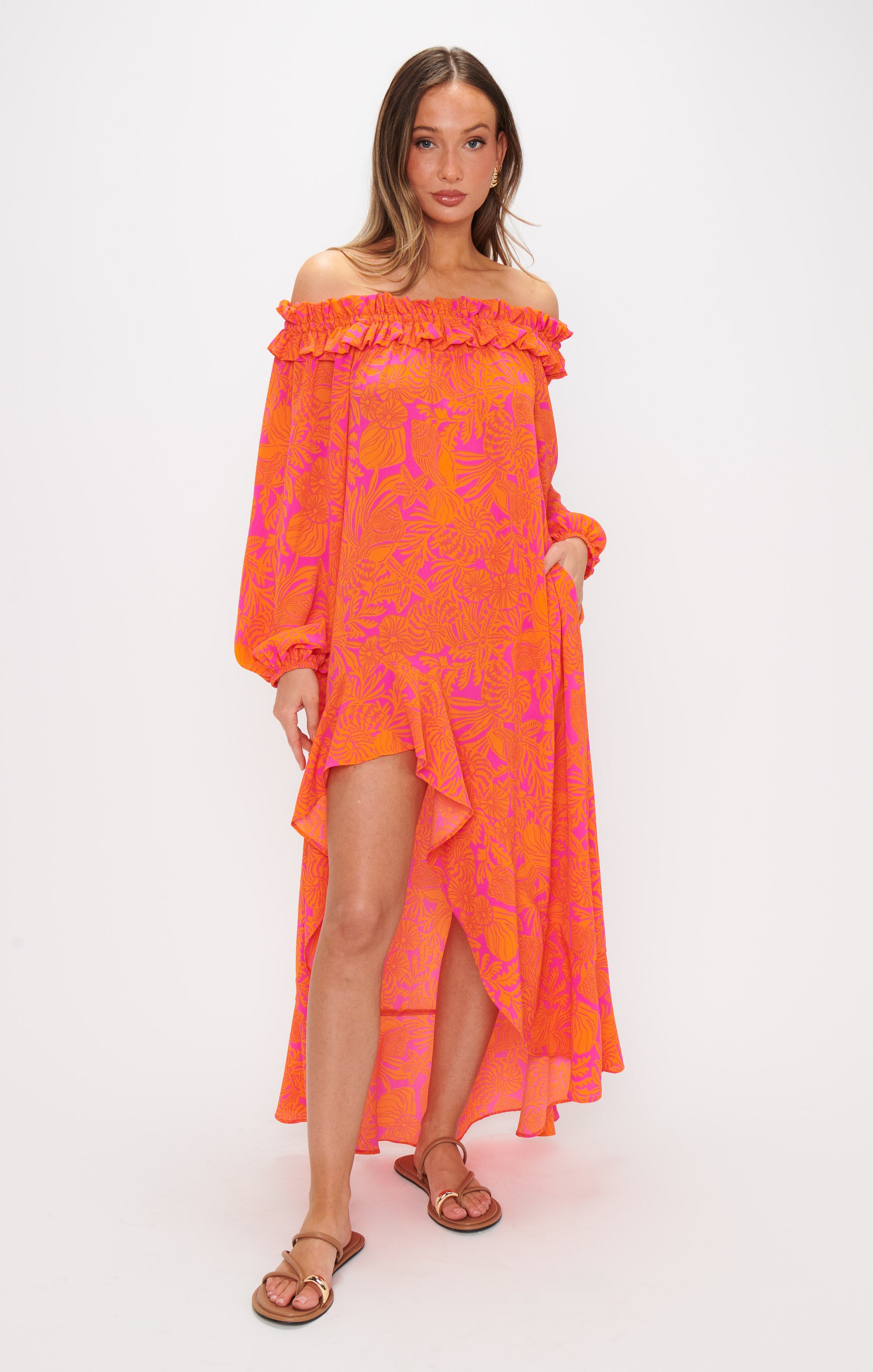 Bobbi Off-Shoulder Maxi Dress with Pockets - Fuchsia Shells
