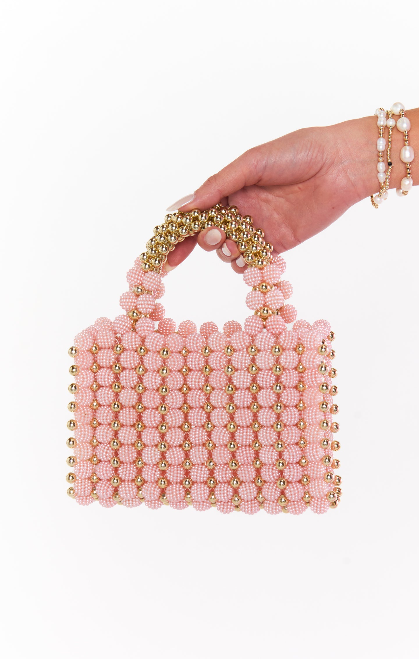 Bethany Gold Beaded Handbag - Light Pink Evening Purse