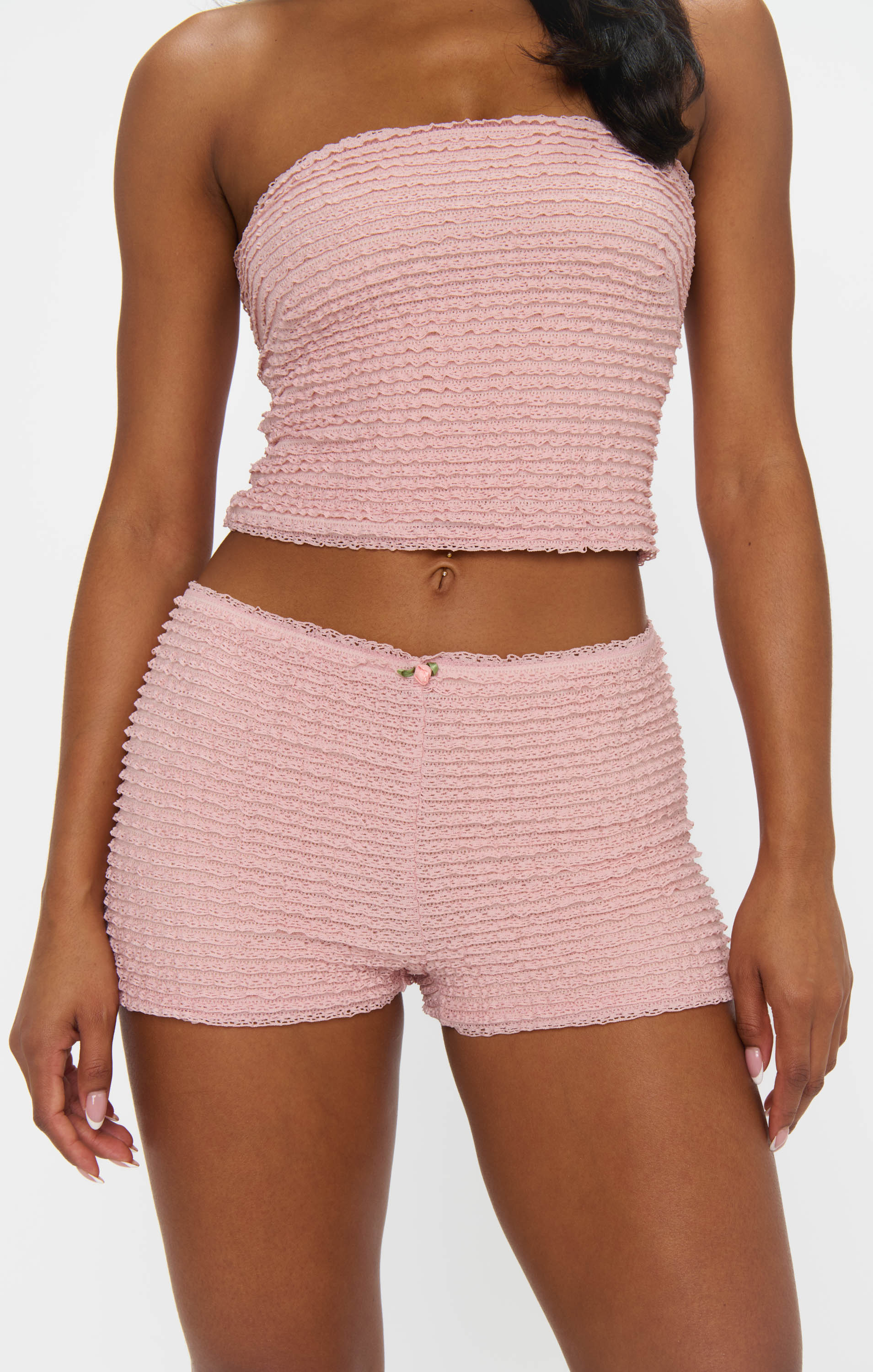 Pink Ruffle Lace High-Rise Shorts for Festivals & Desert Days