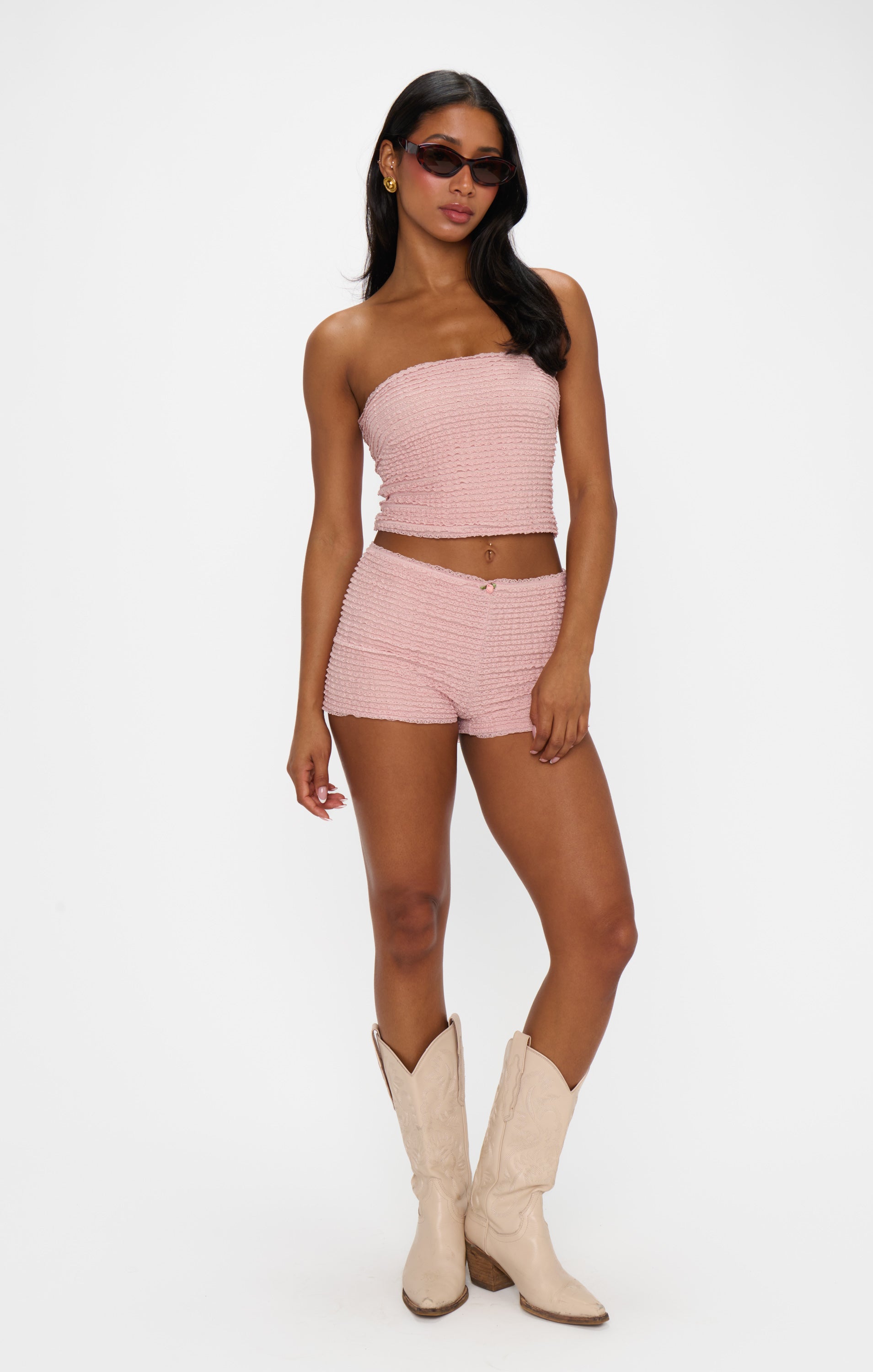 Pink Ruffle Lace High-Rise Shorts for Festivals & Desert Days