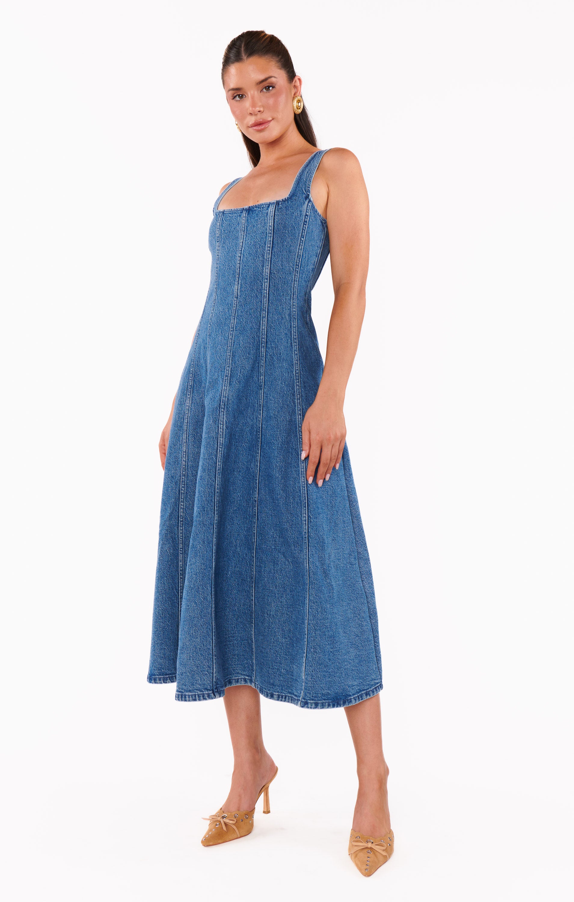 Denim Midi Dress with Flared Skirt - Windy Indigo