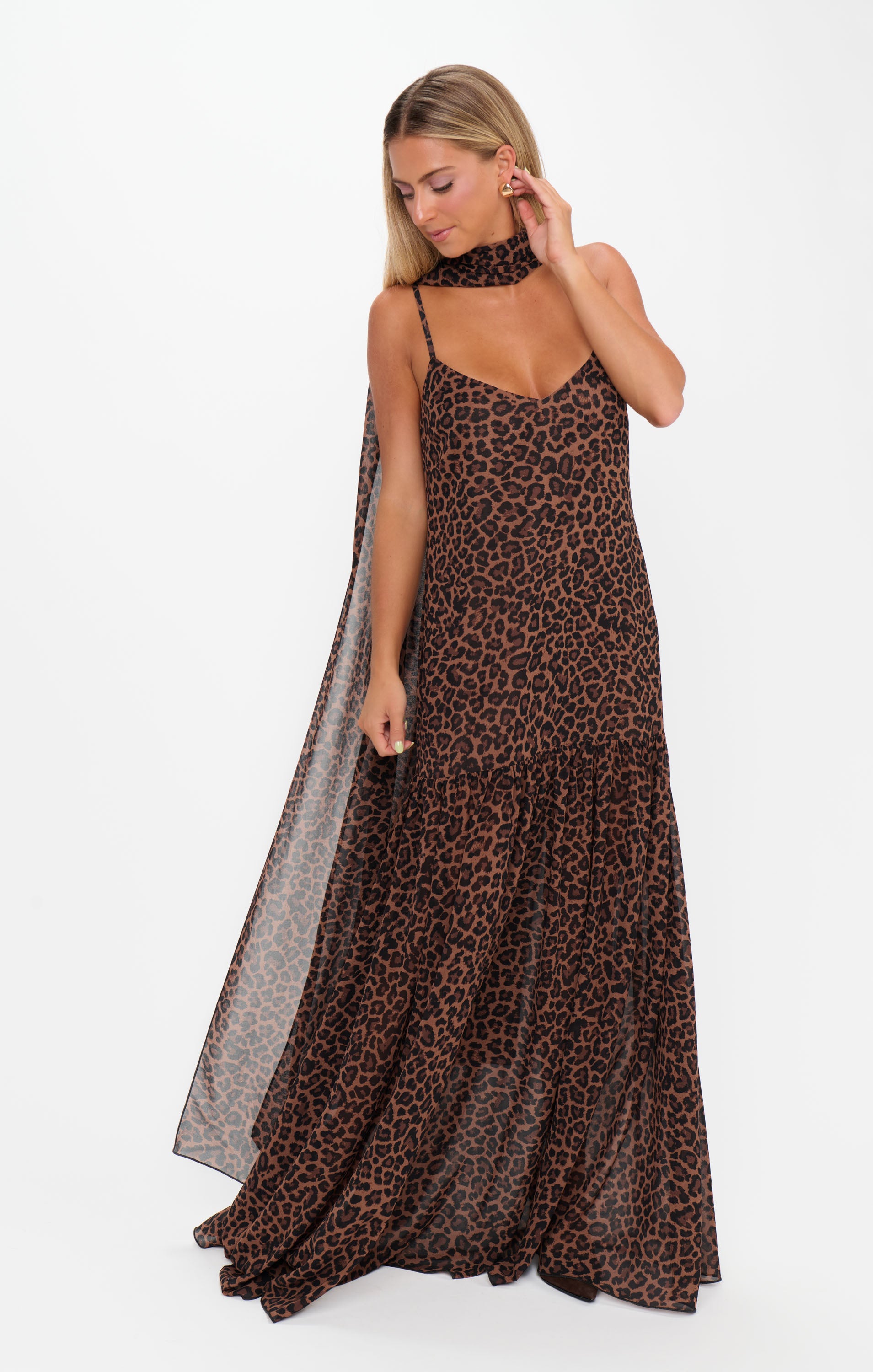 Dalia Leopard Print Maxi Dress with Scarf for Special Occasions