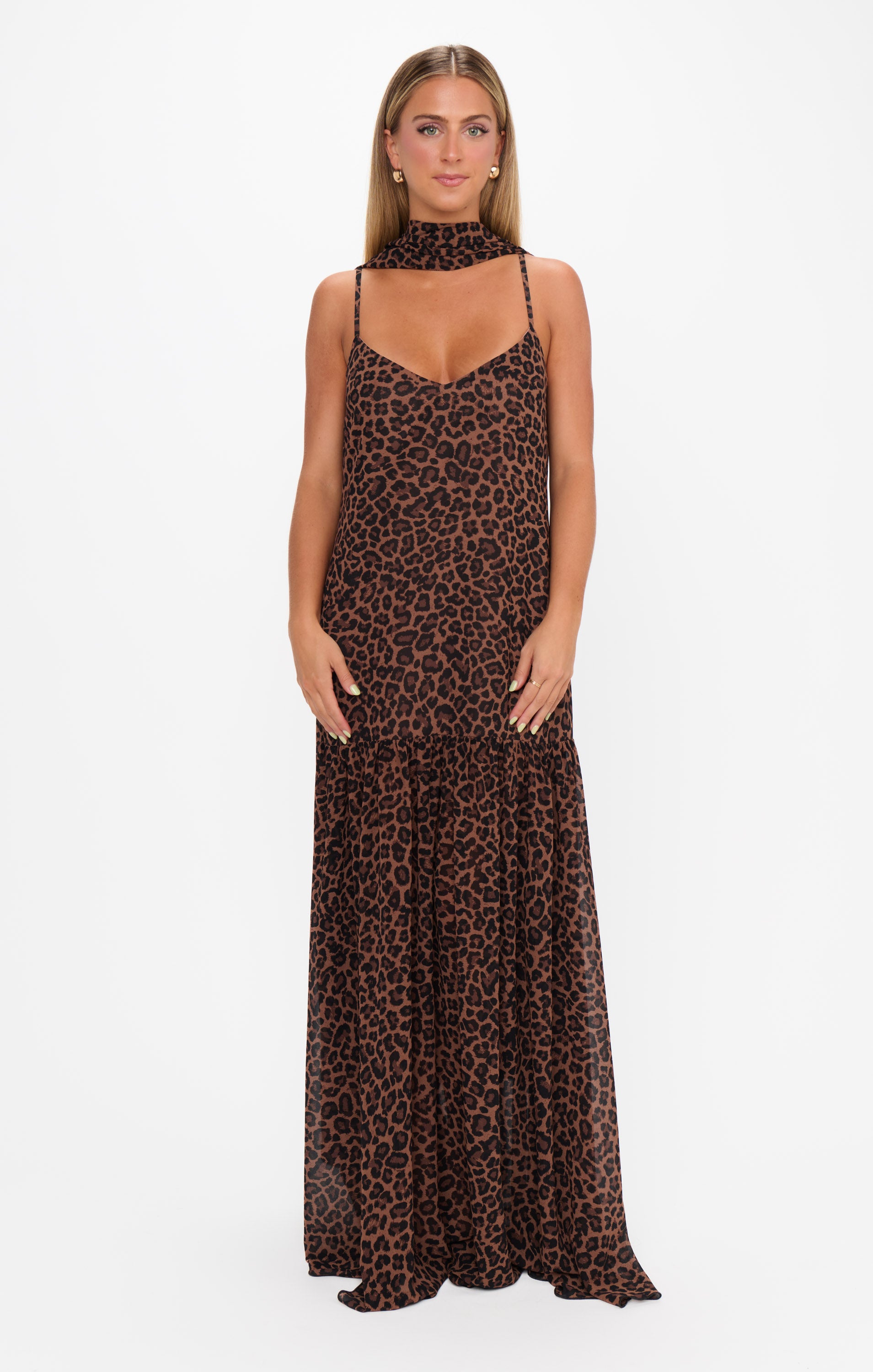 Dalia Leopard Print Maxi Dress with Scarf for Special Occasions