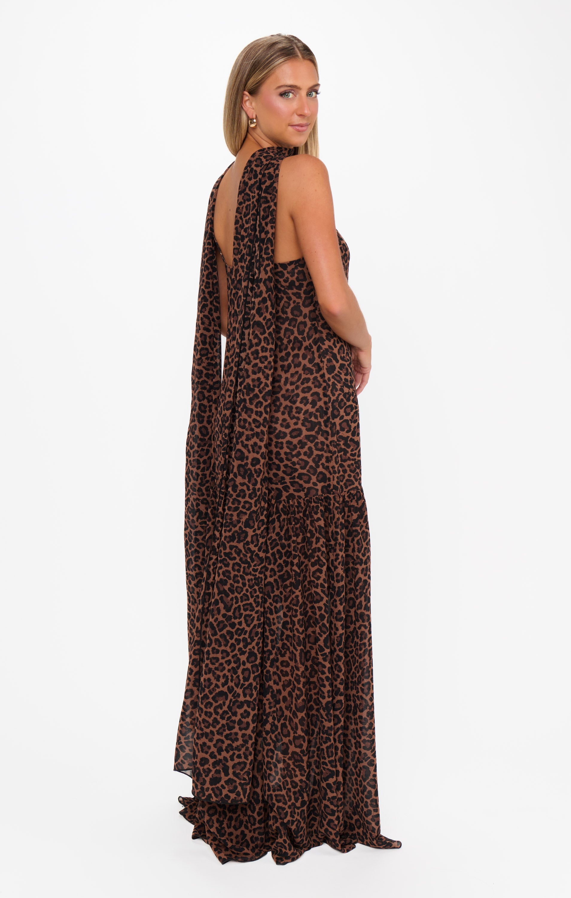 Dalia Leopard Print Maxi Dress with Scarf for Special Occasions