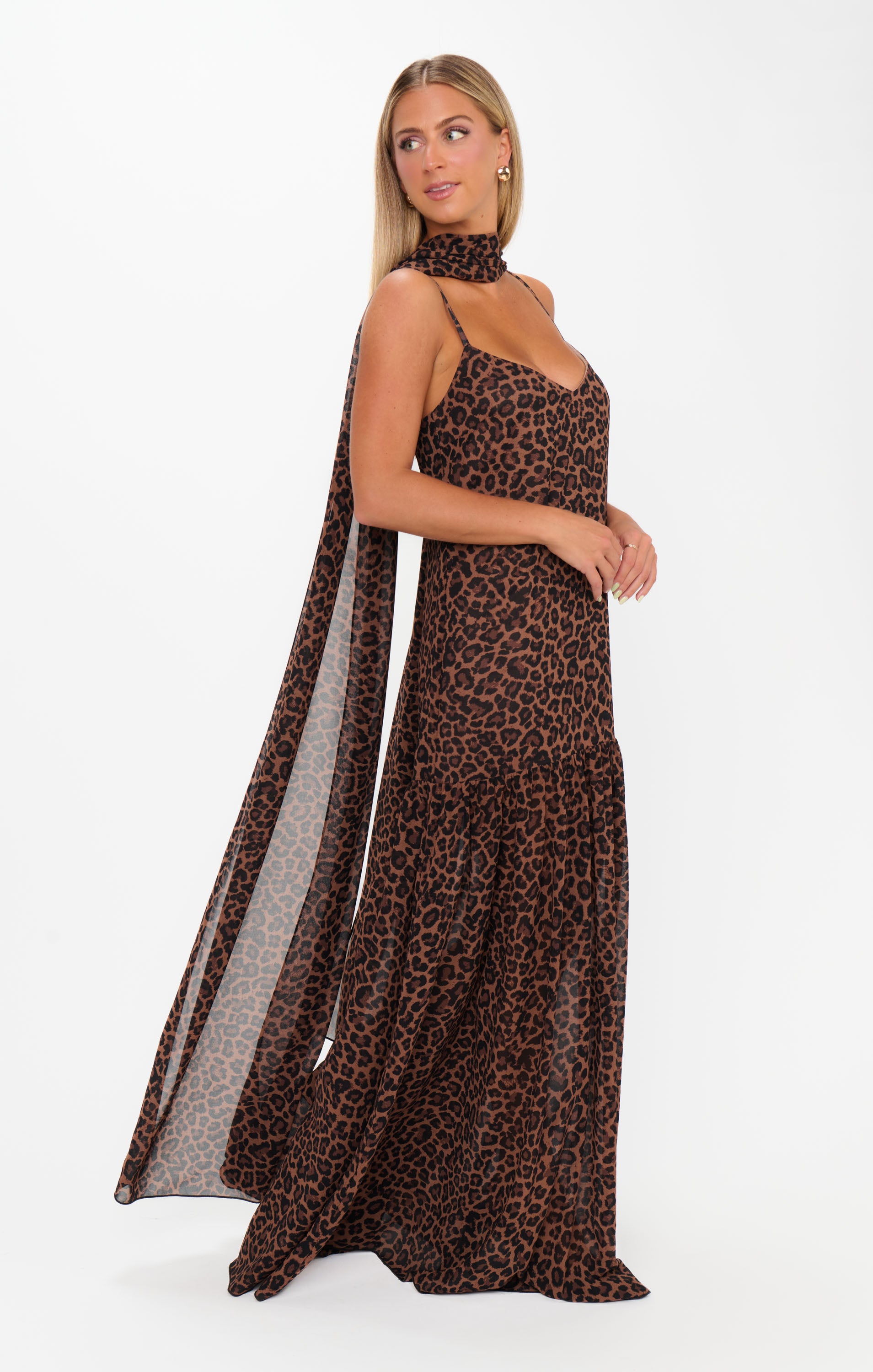 Dalia Leopard Print Maxi Dress with Scarf for Special Occasions