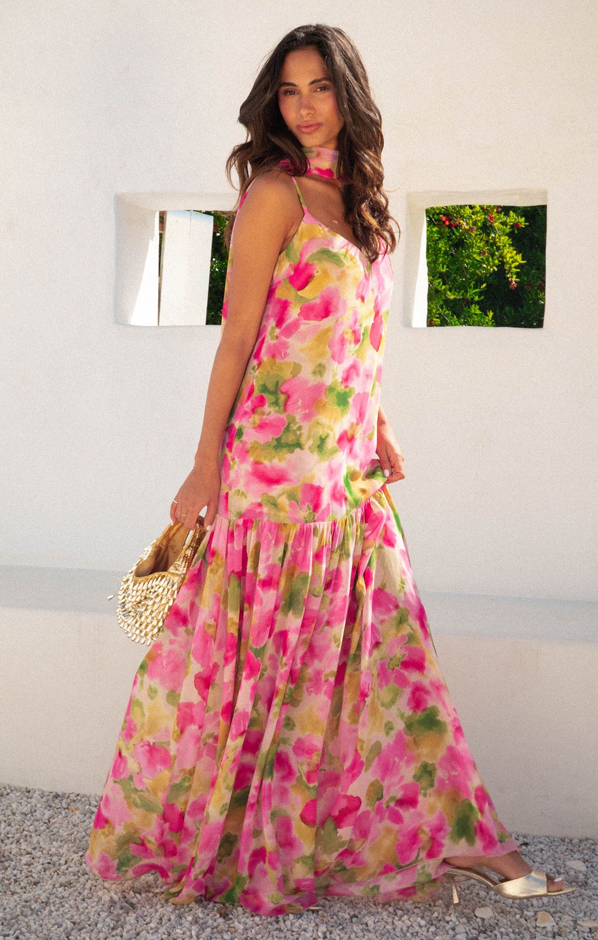 Dalia Floral Chiffon Maxi Dress with Scarf for Special Occasions