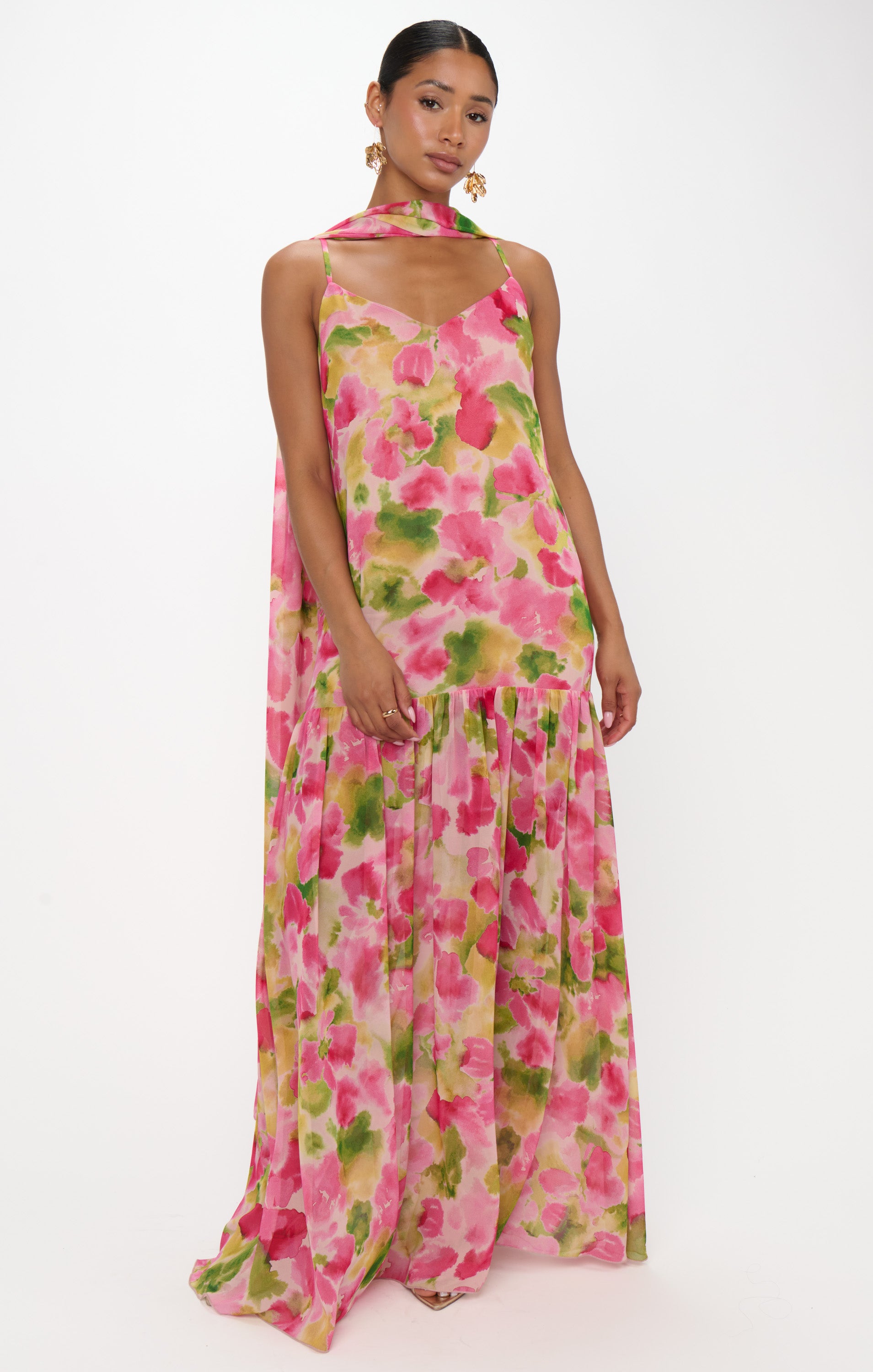 Dalia Floral Chiffon Maxi Dress with Scarf for Special Occasions