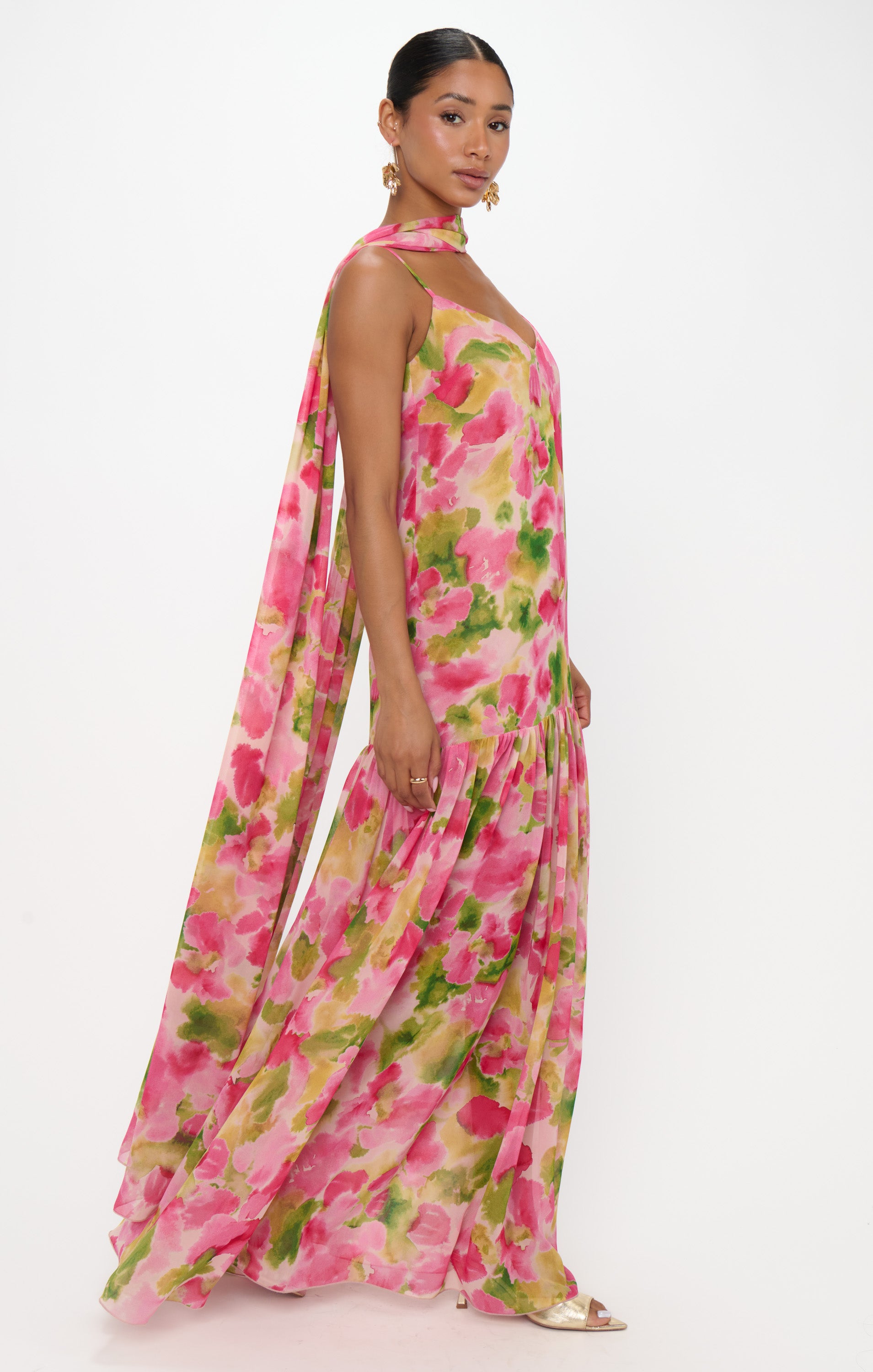 Dalia Floral Chiffon Maxi Dress with Scarf for Special Occasions