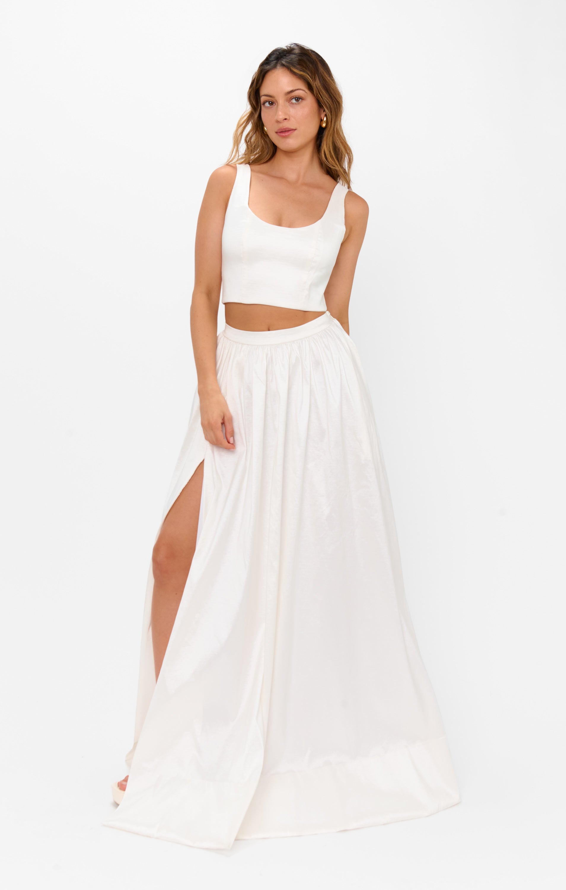 Vivianna White Taffeta Maxi Skirt with Side Slit