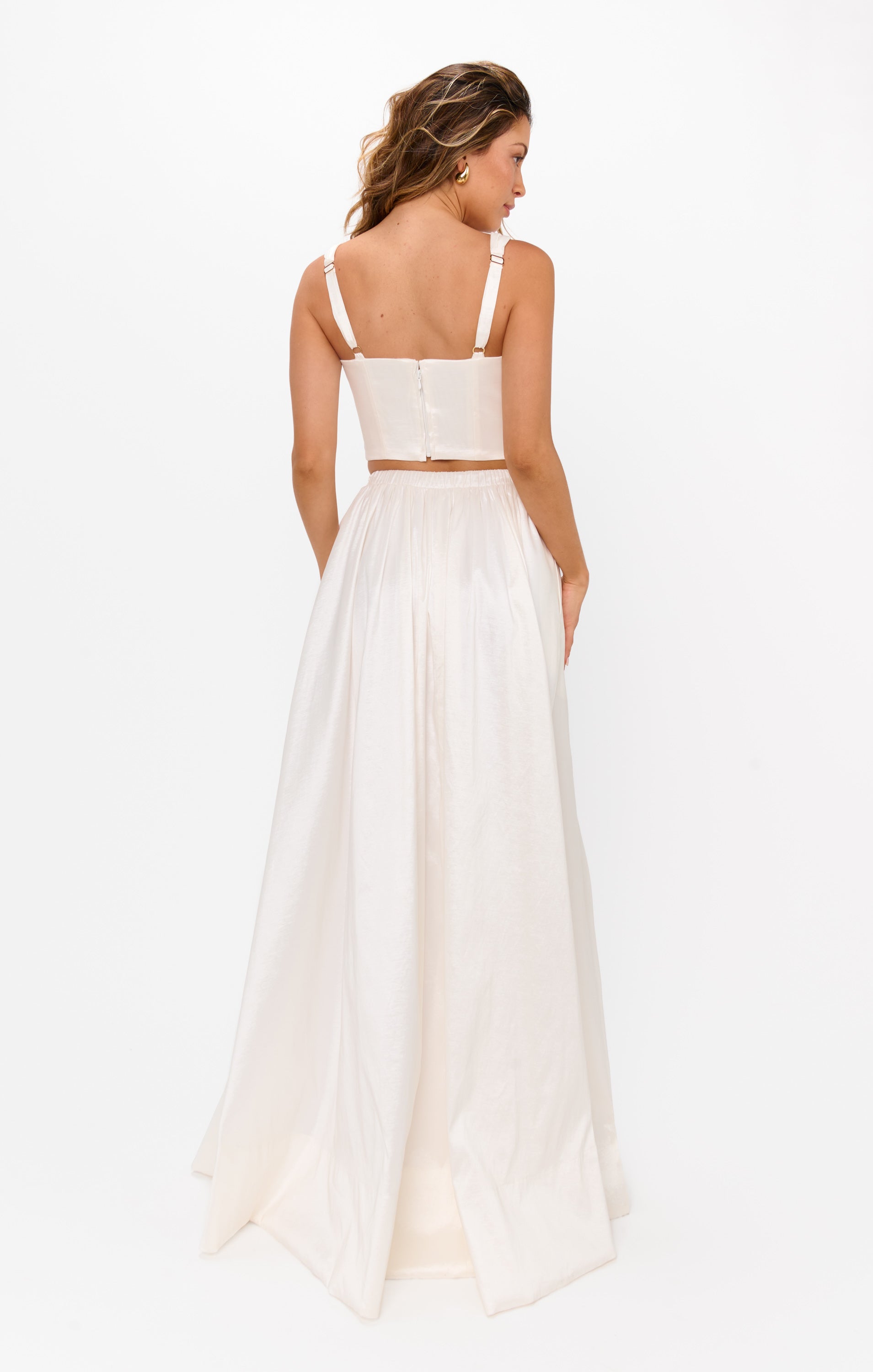 Vivianna White Taffeta Maxi Skirt with Side Slit
