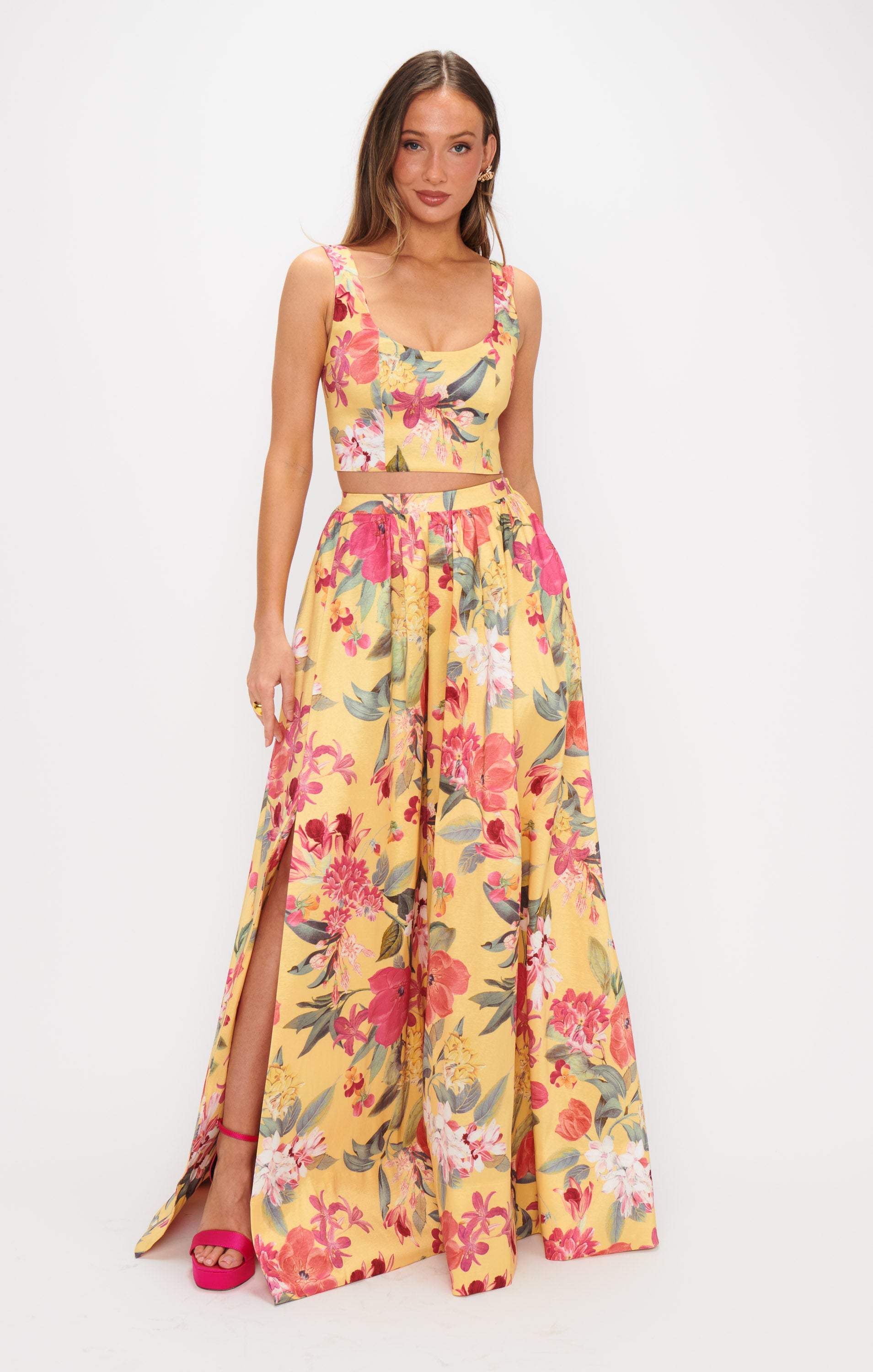 Vivianna Floral Taffeta Maxi Skirt with Side Slit