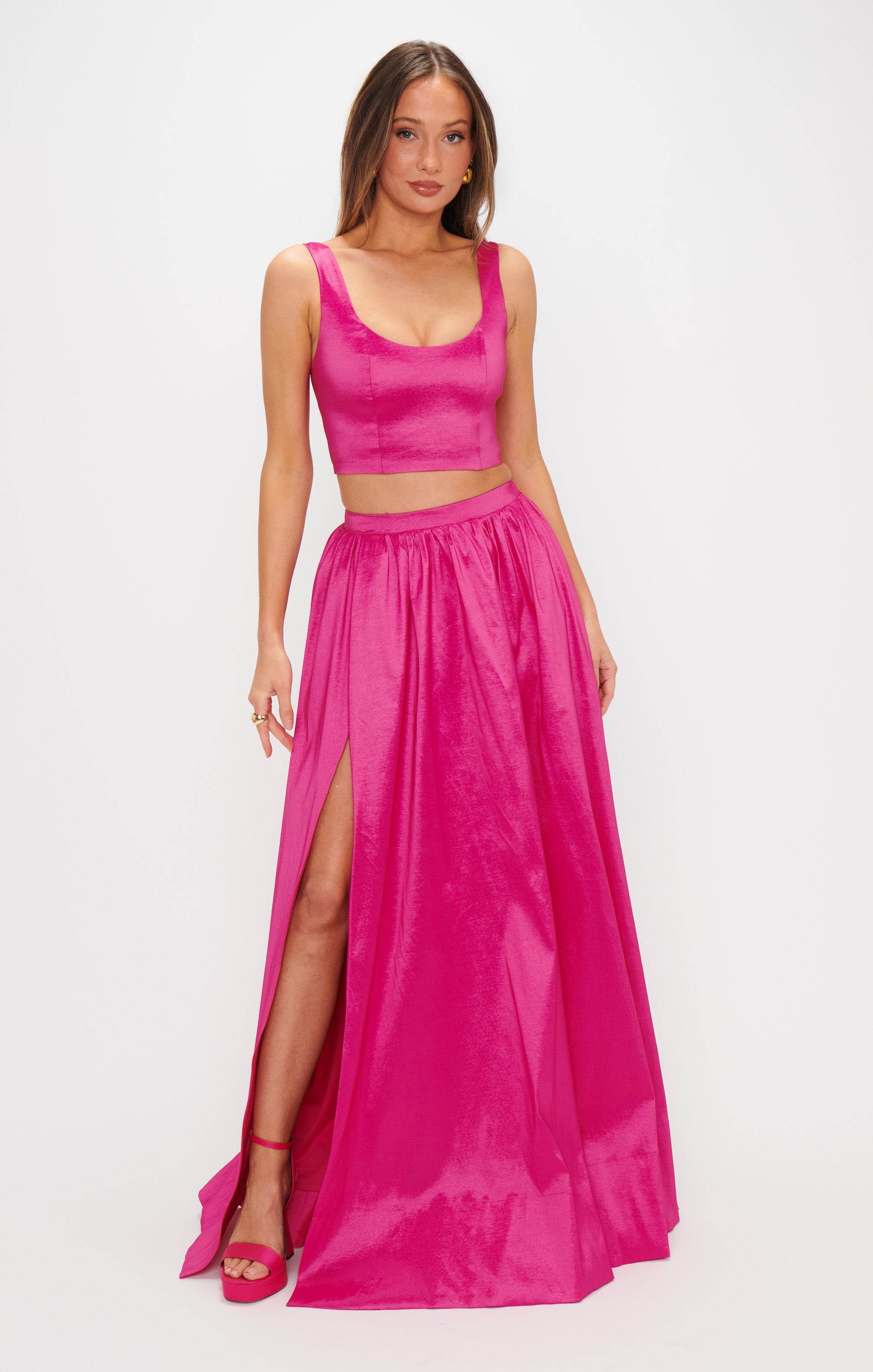 Vivianna Dragonfruit Taffeta Maxi Skirt with Side Slit