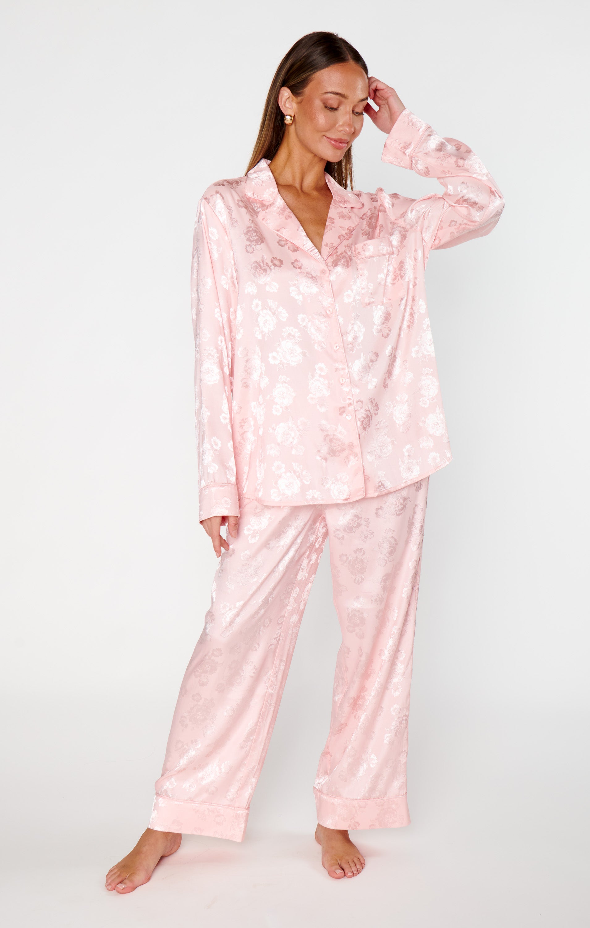 Women's Pink Floral Silk Pajama Set - Cropped & Button-Down
