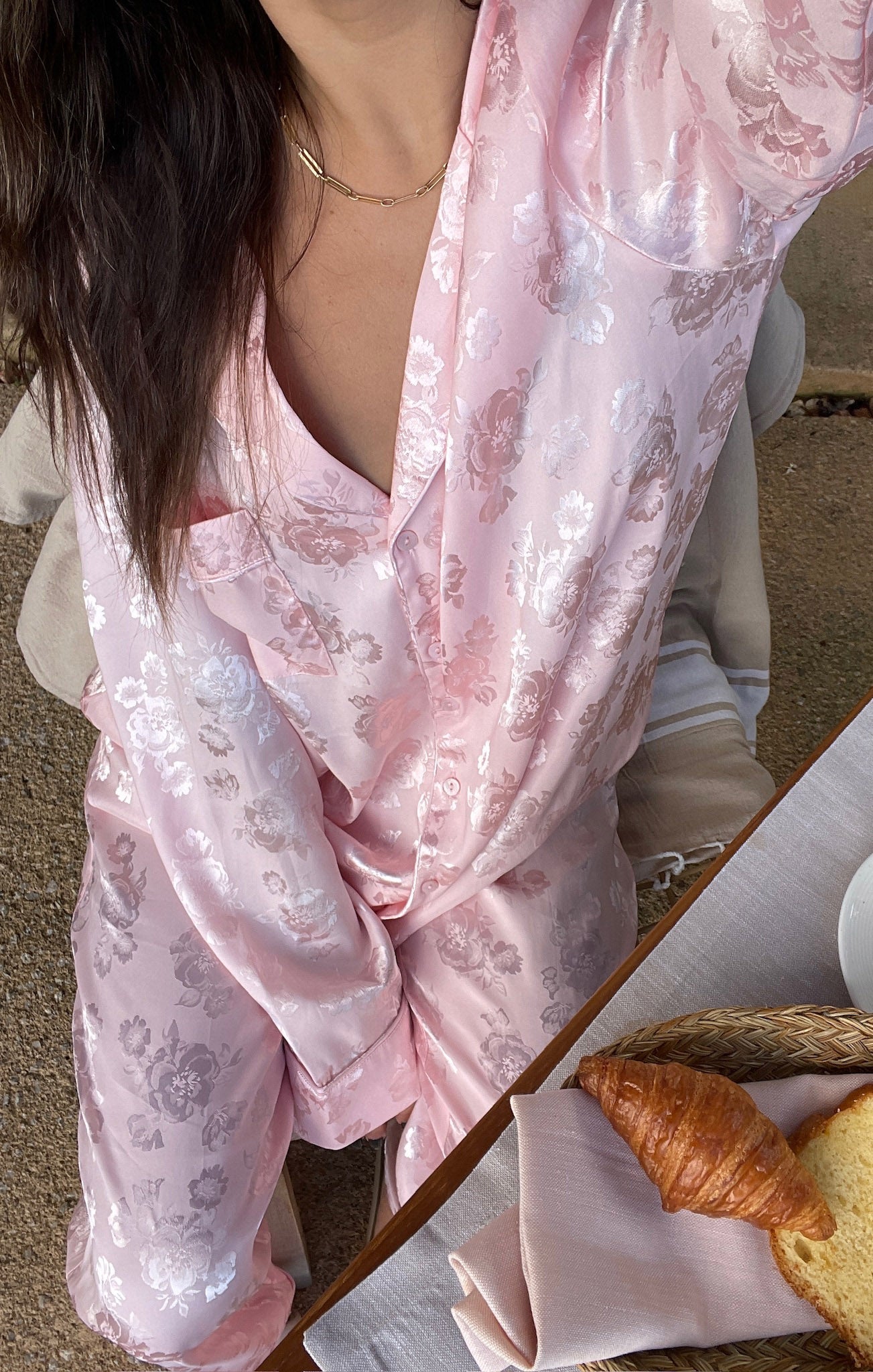 Women's Pink Floral Silk Pajama Set - Cropped & Button-Down