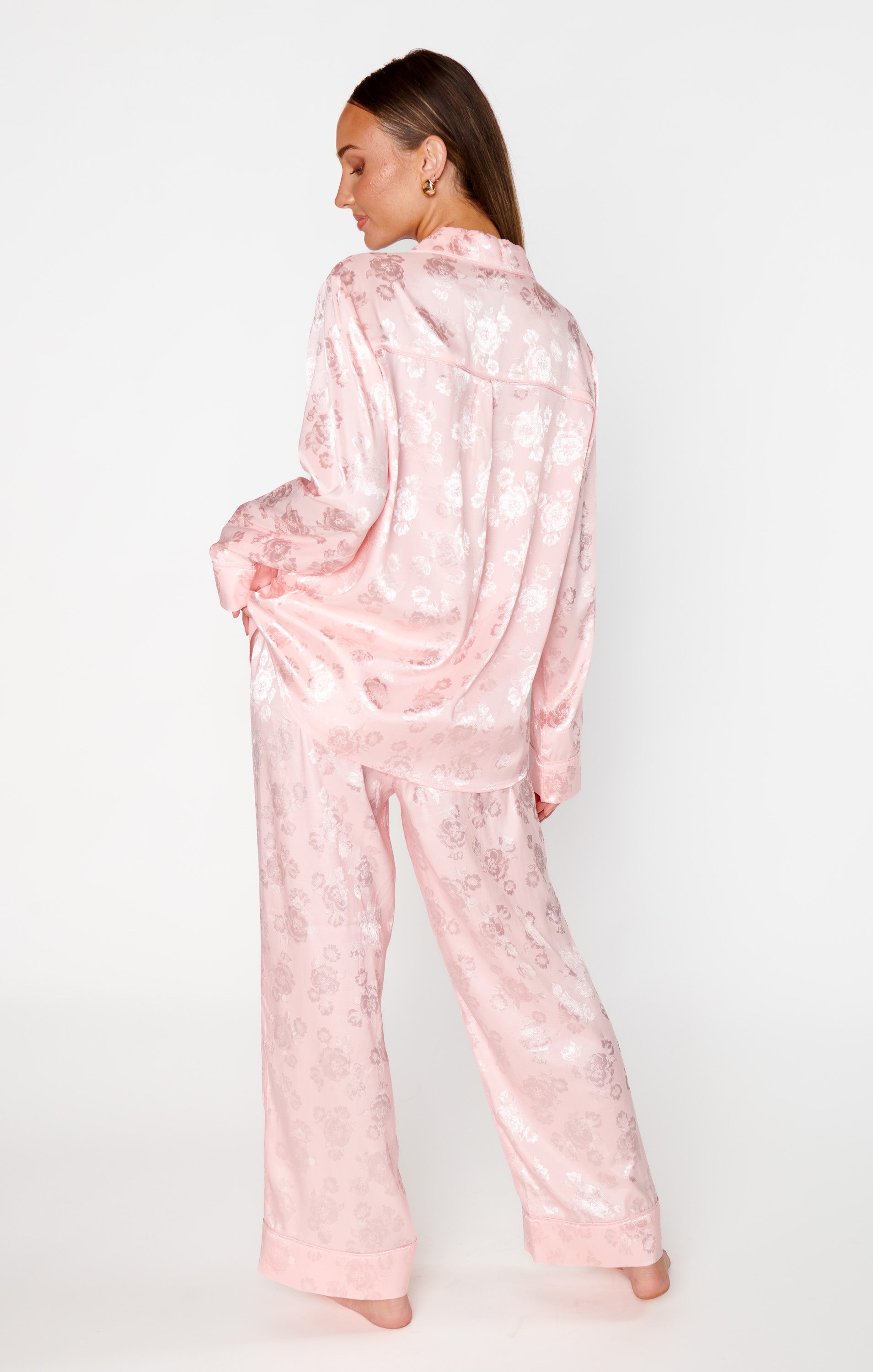 Women's Pink Floral Silk Pajama Set - Cropped & Button-Down