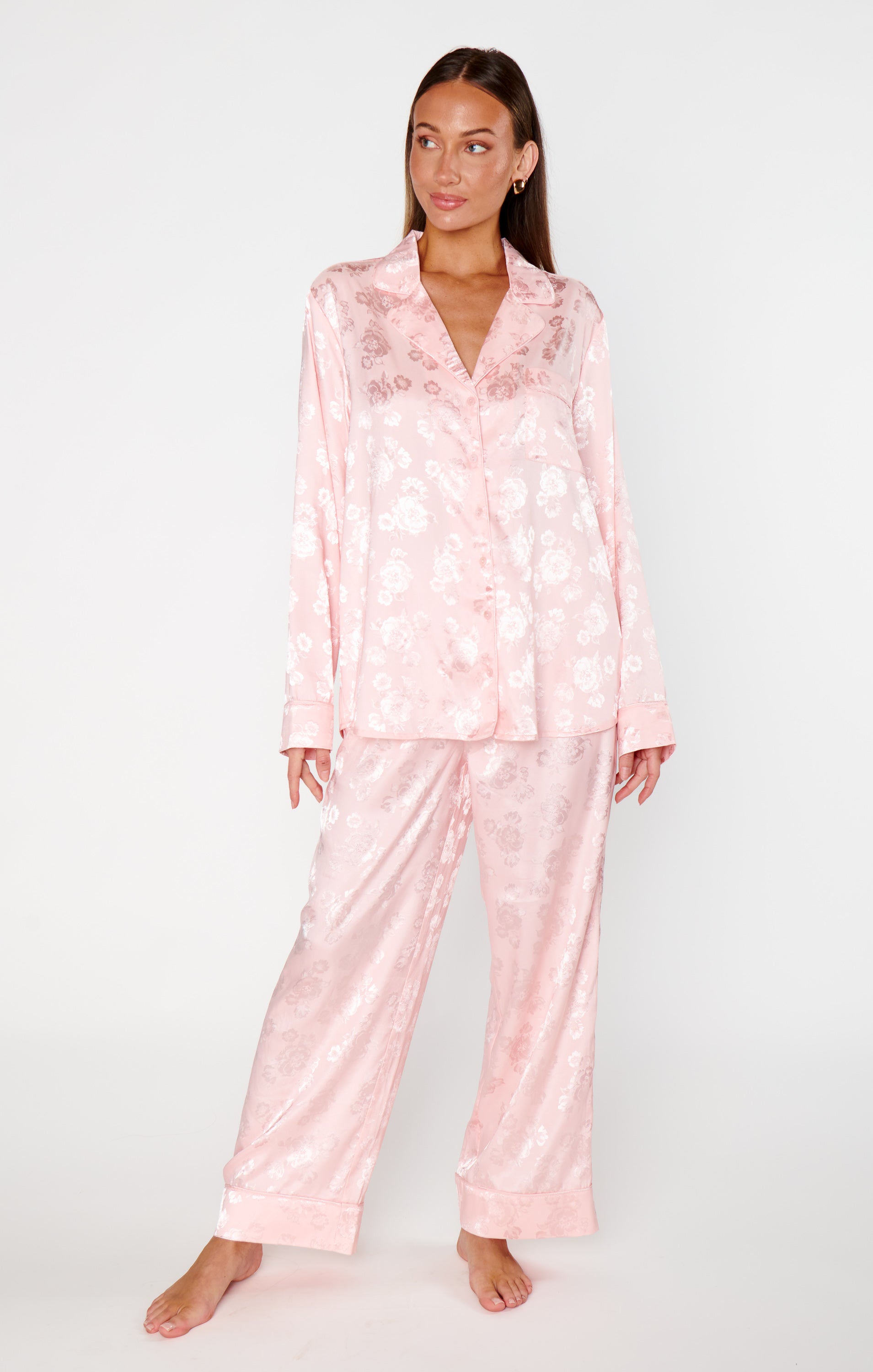 Women's Pink Floral Silk Pajama Set - Cropped & Button-Down