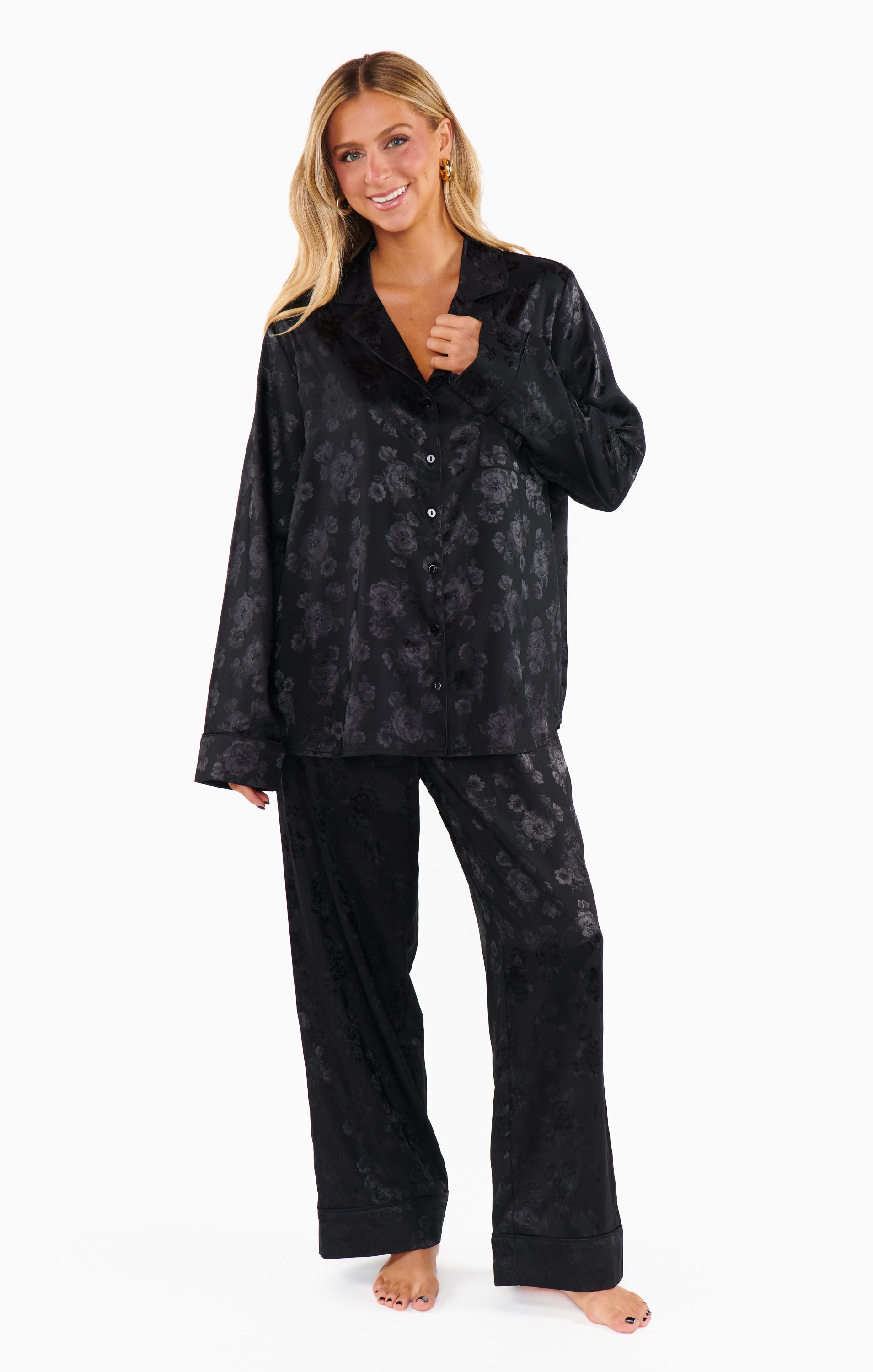 Black Floral Silk Pajama Set - Classic Cropped PJs with Drawstring Waist