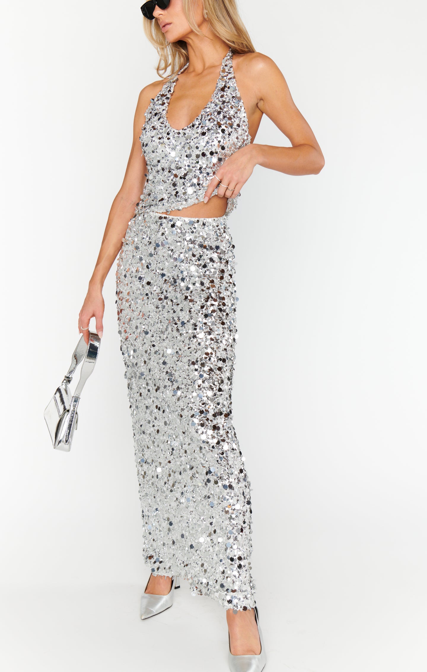 Silver Sequin Maxi Skirt | All That Skirt | Party Wear