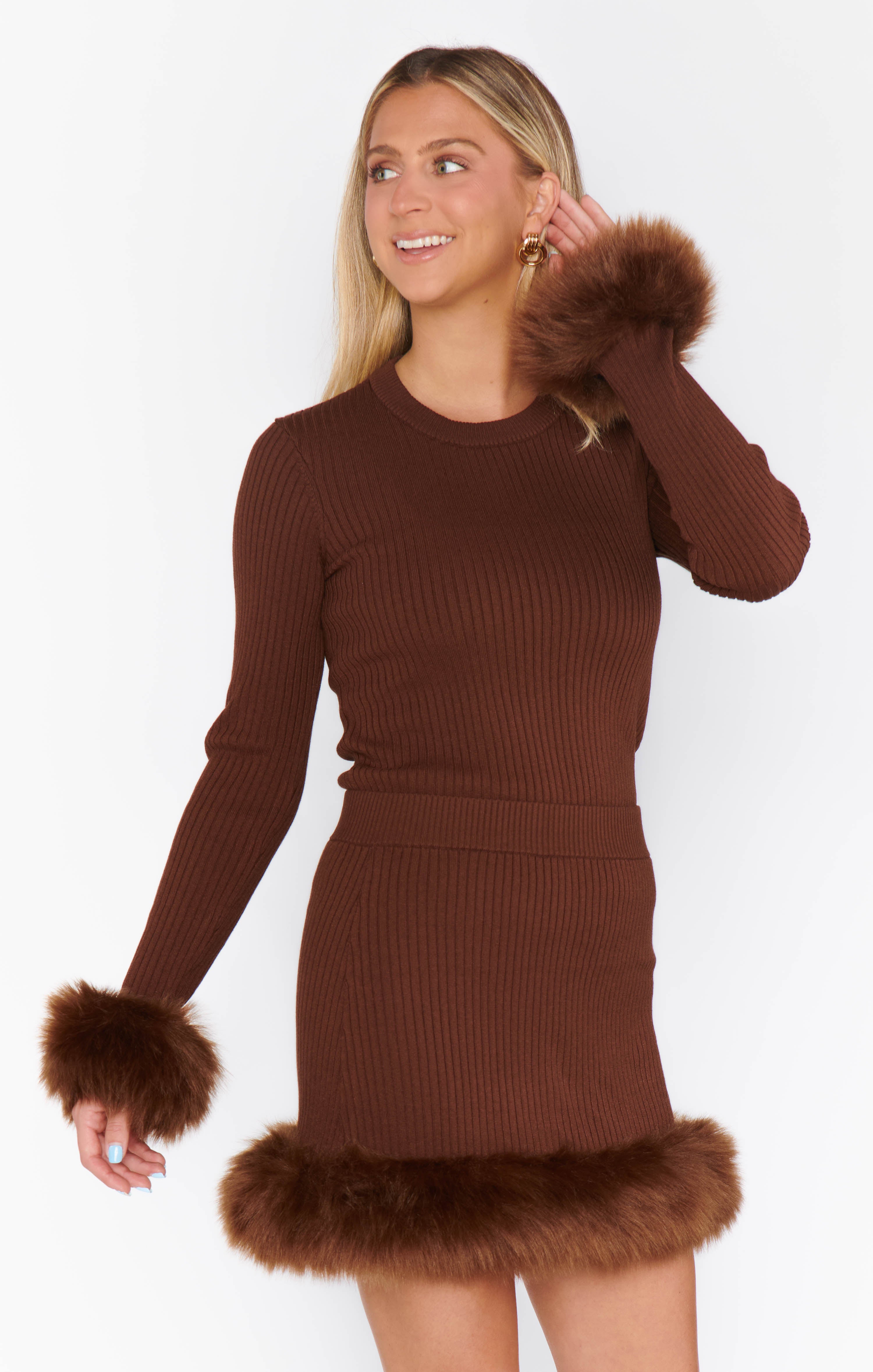 Fran Mini Skirt with Faux Fur Hem - Chocolate Rib Design