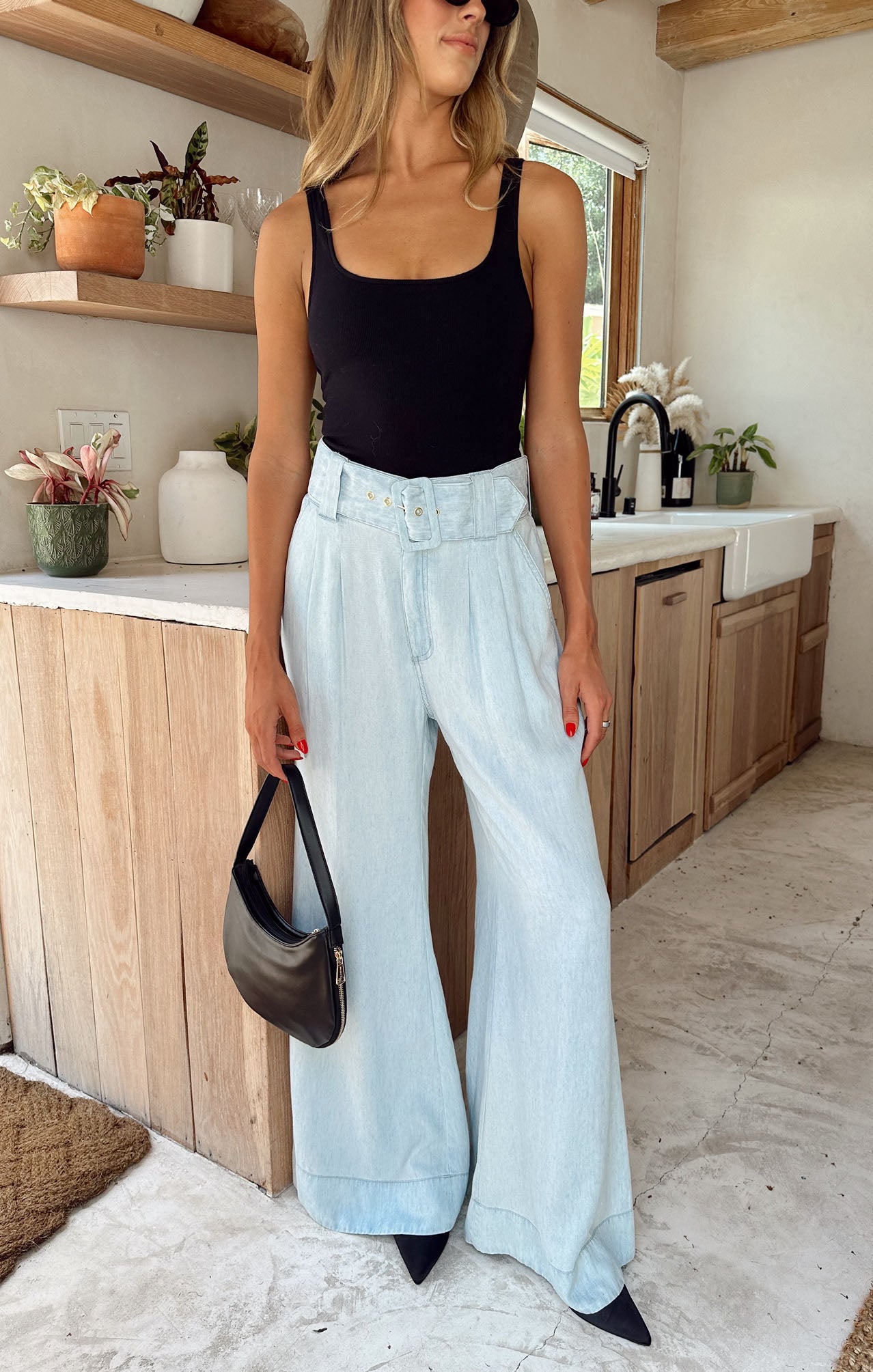 Rollins Wide Leg Chambray Pants with Adjustable Belt