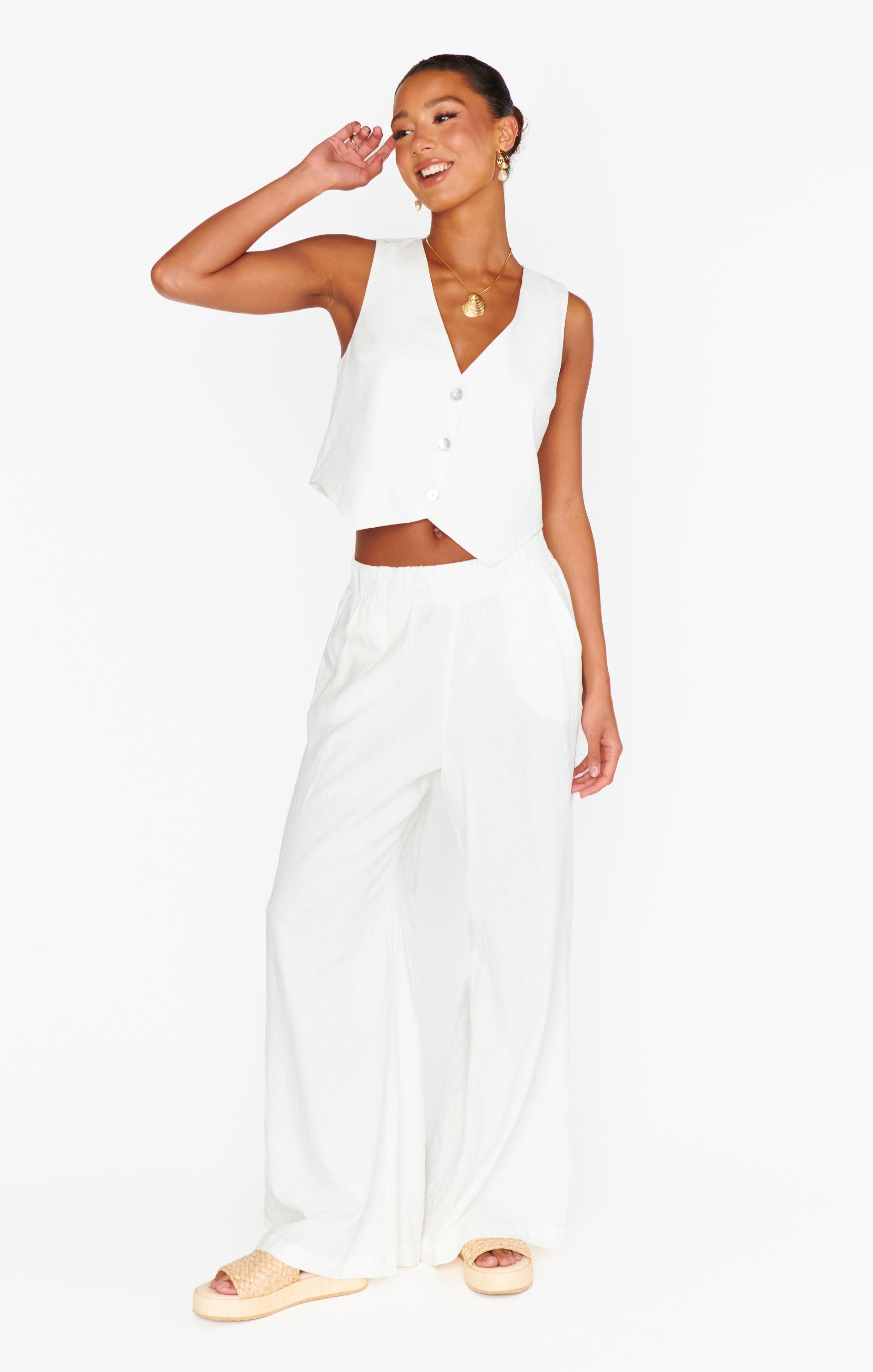 Vince White Linen Pants with Elastic Waist & Side Pockets