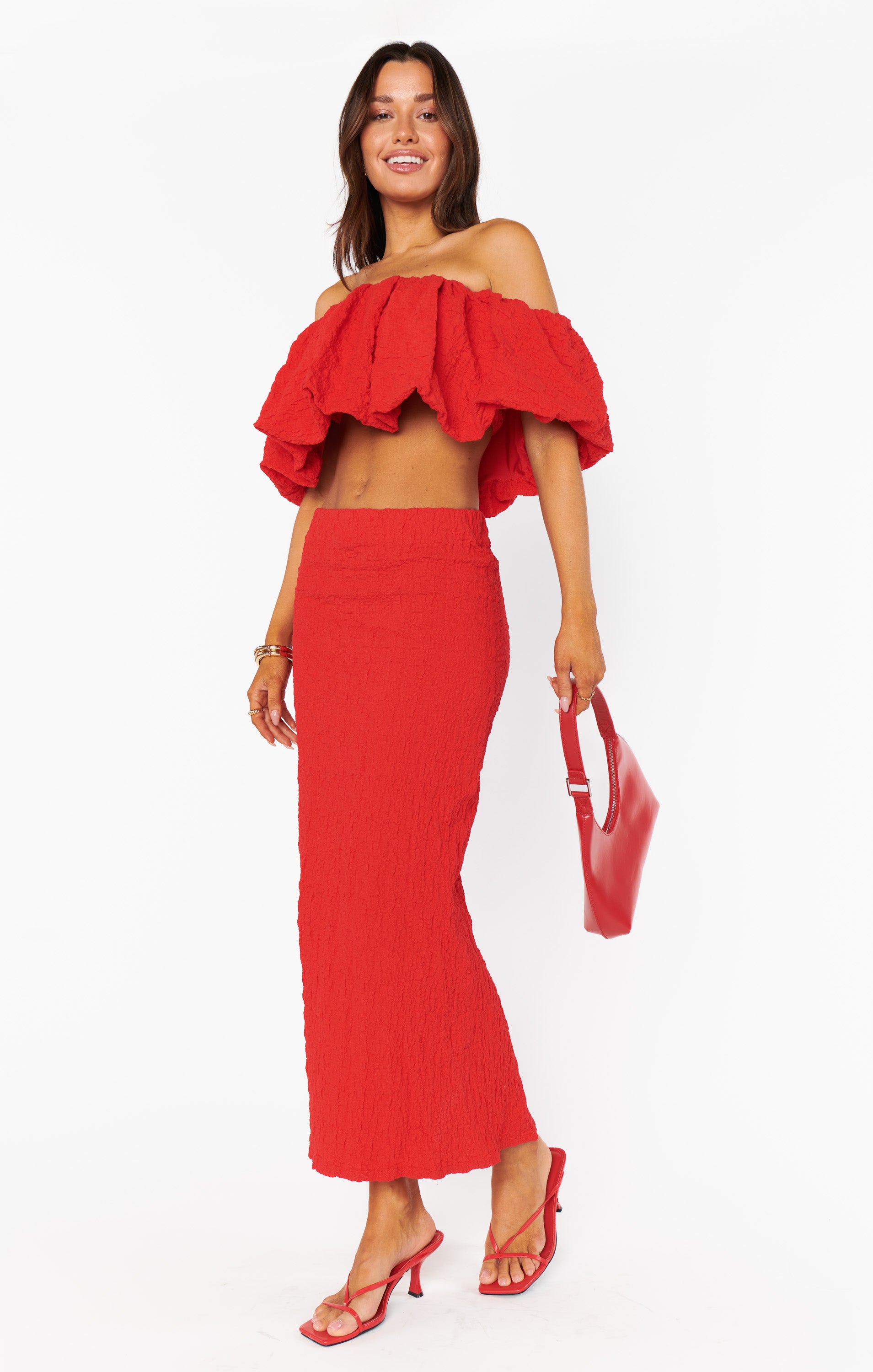 Red Maria Scrunch Midi Skirt - Summer Floral Wrap Skirt