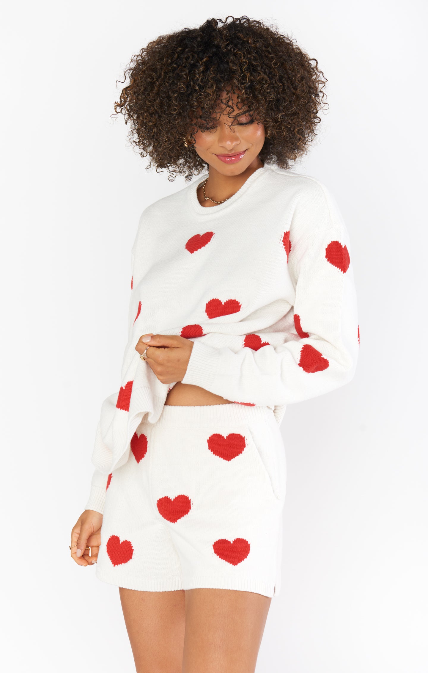 Red Knit Heart Print Shorts with Elastic Waistband - Boardwalk