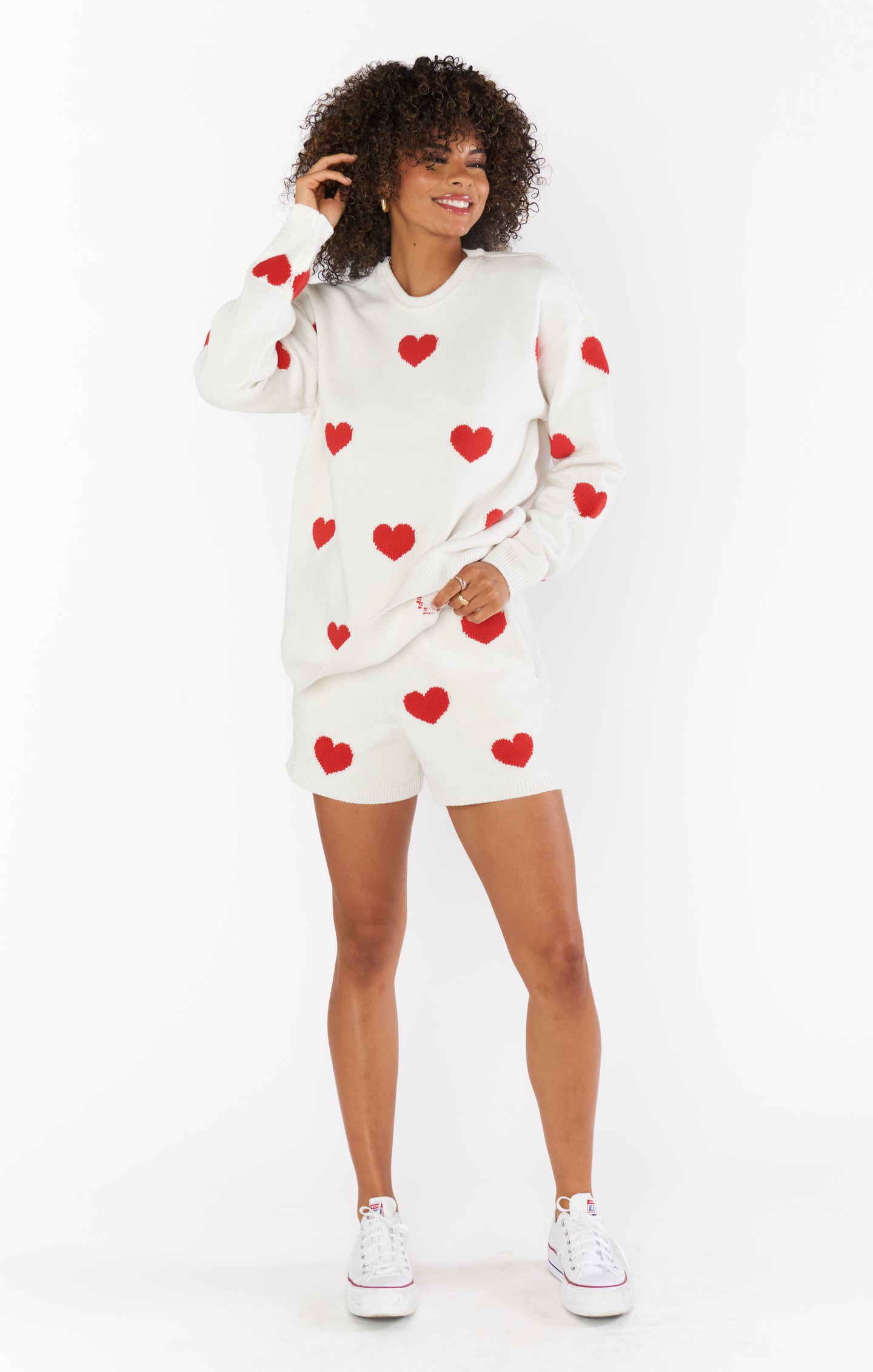 Red Knit Heart Print Shorts with Elastic Waistband - Boardwalk