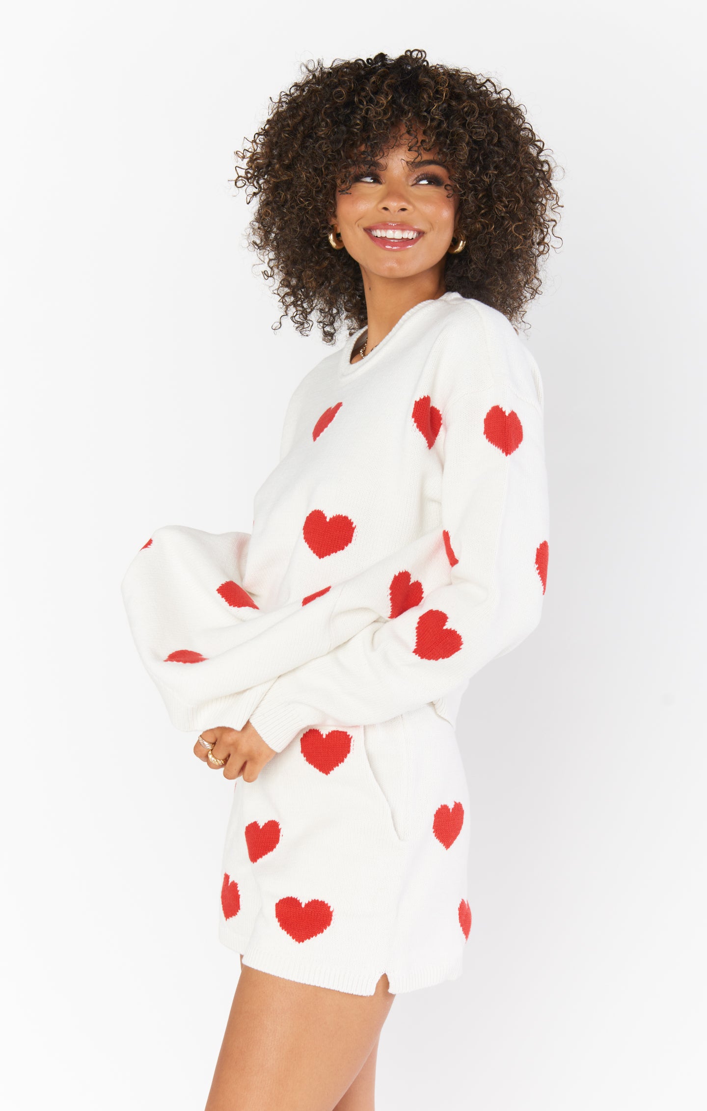 Red Knit Heart Print Shorts with Elastic Waistband - Boardwalk