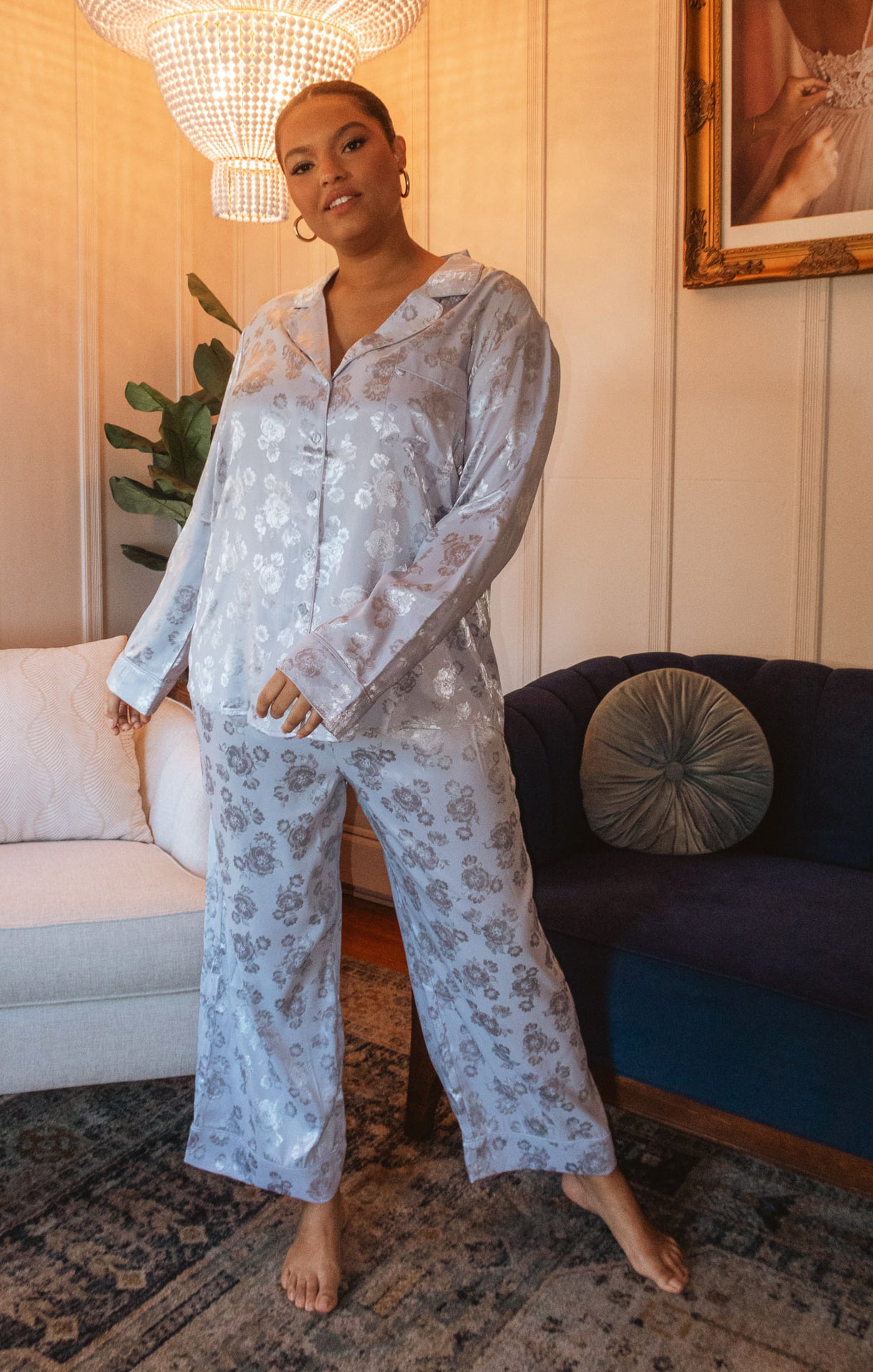 Blue Floral Silk Pajama Set - Cropped Button-Down PJs