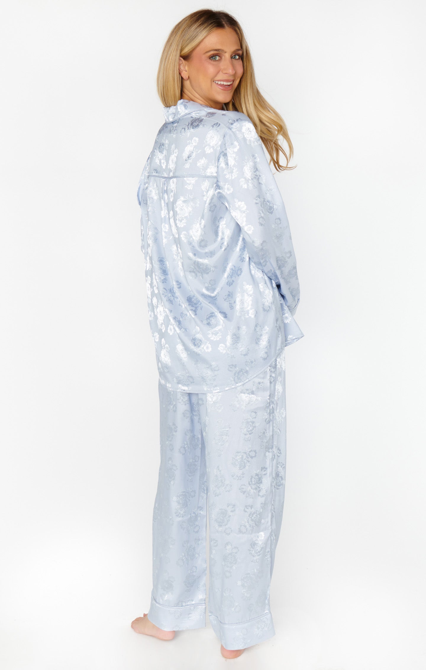 Blue Floral Silk Pajama Set - Cropped Button-Down PJs